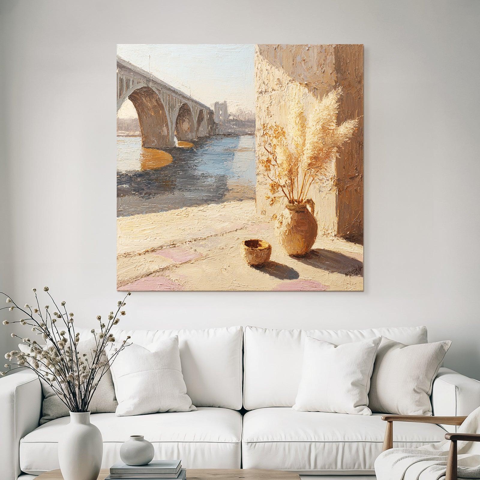 Trocken Retro Flowers Brücke Über Wasser Und Vase Mit Getrockneten Pflanzen