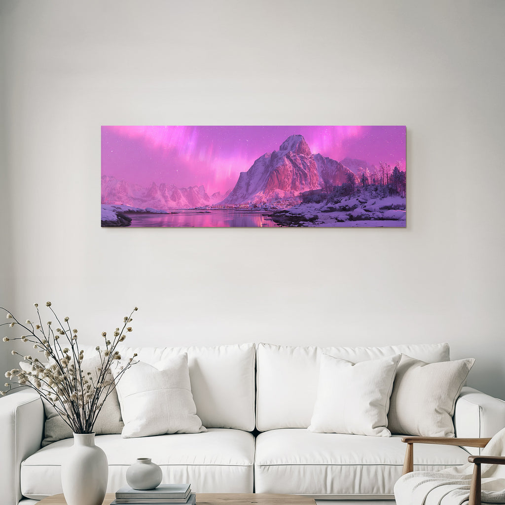 Polarlicht Winterlandschaft Nordlichter Verschneite Berge Beruhigender Wasser Fluss | Fjorde und Gletscher | Landschaften