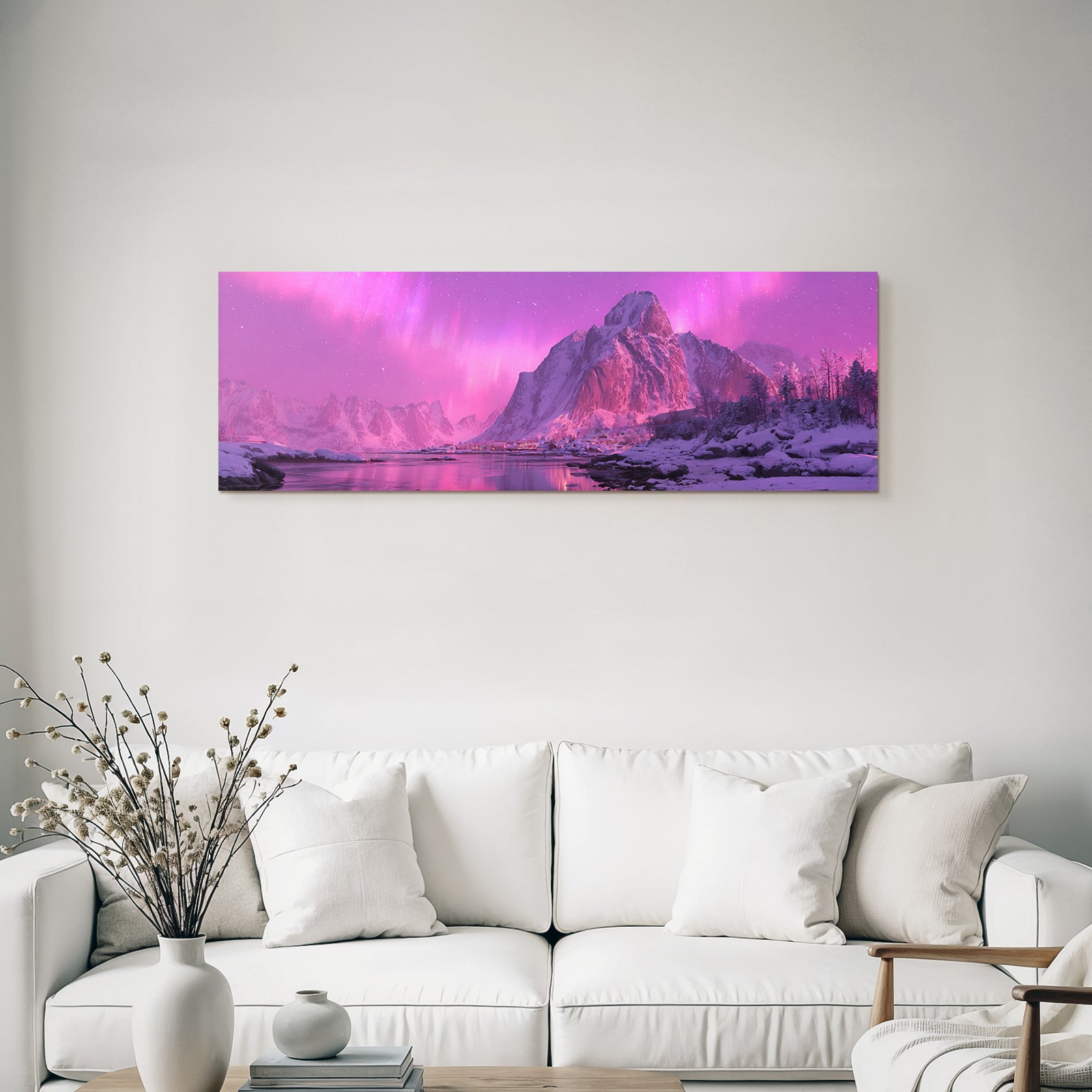 Polarlicht Winterlandschaft Nordlichter Verschneite Berge Beruhigender Wasser Fluss | Fjorde und Gletscher | Landschaften