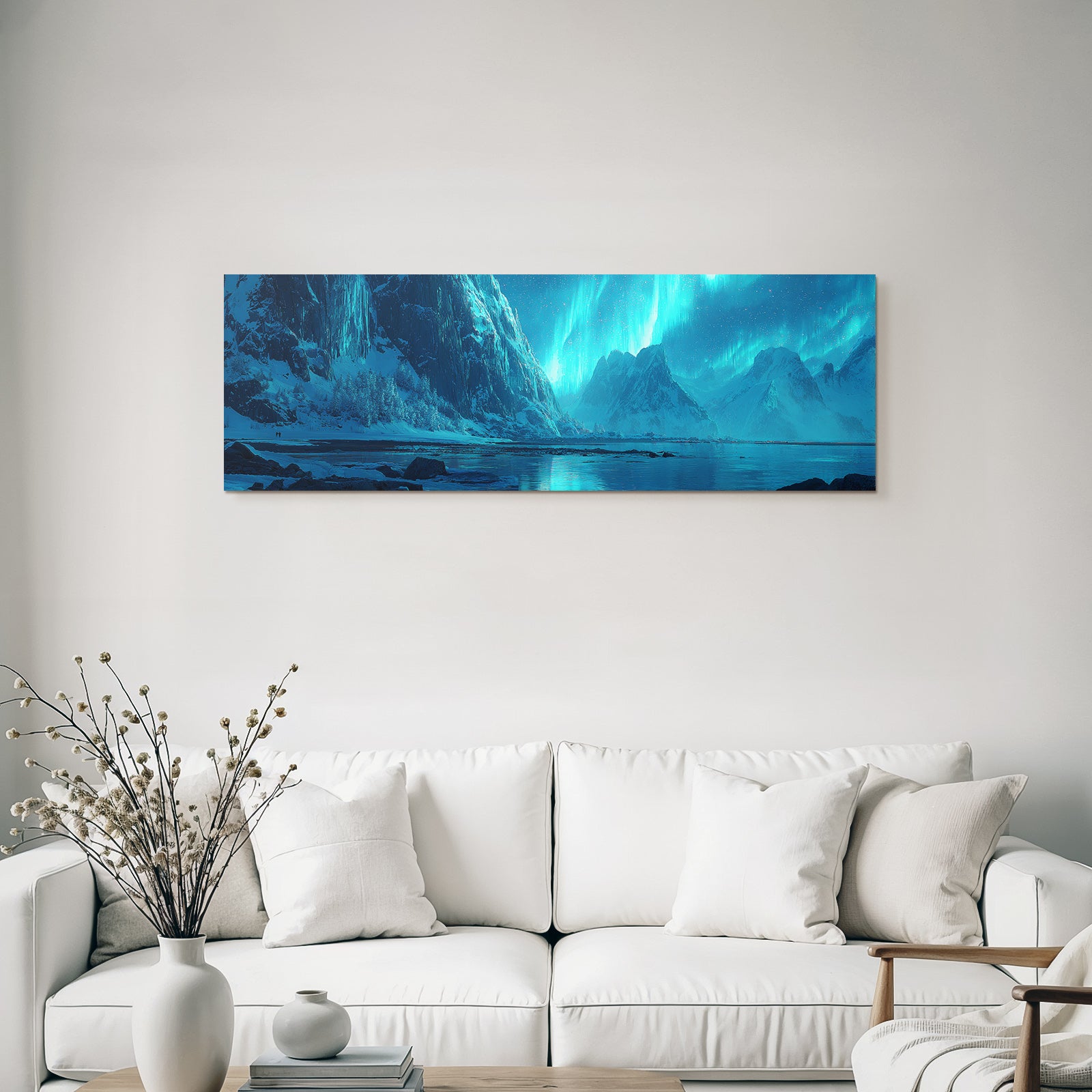 Polarlicht Schneebedeckte Berge Mit Aurora Borealis Und Reflektion Im Wasser | Fjorde und Gletscher | Landschaften