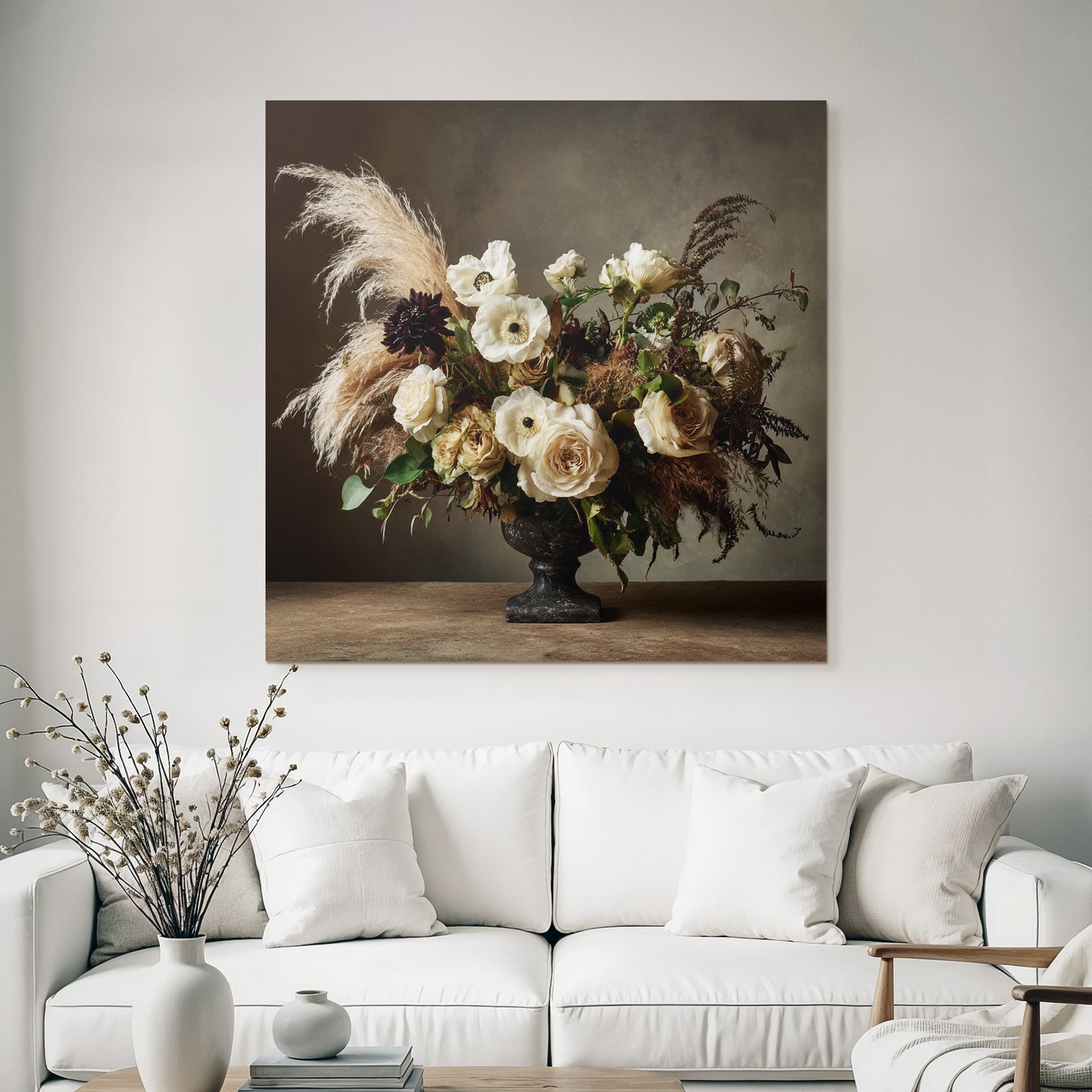 Trocken Retro Flowers Elegante Arrangement In Dunkel Vase Mit Rosen Anemonen Und Grünzeug