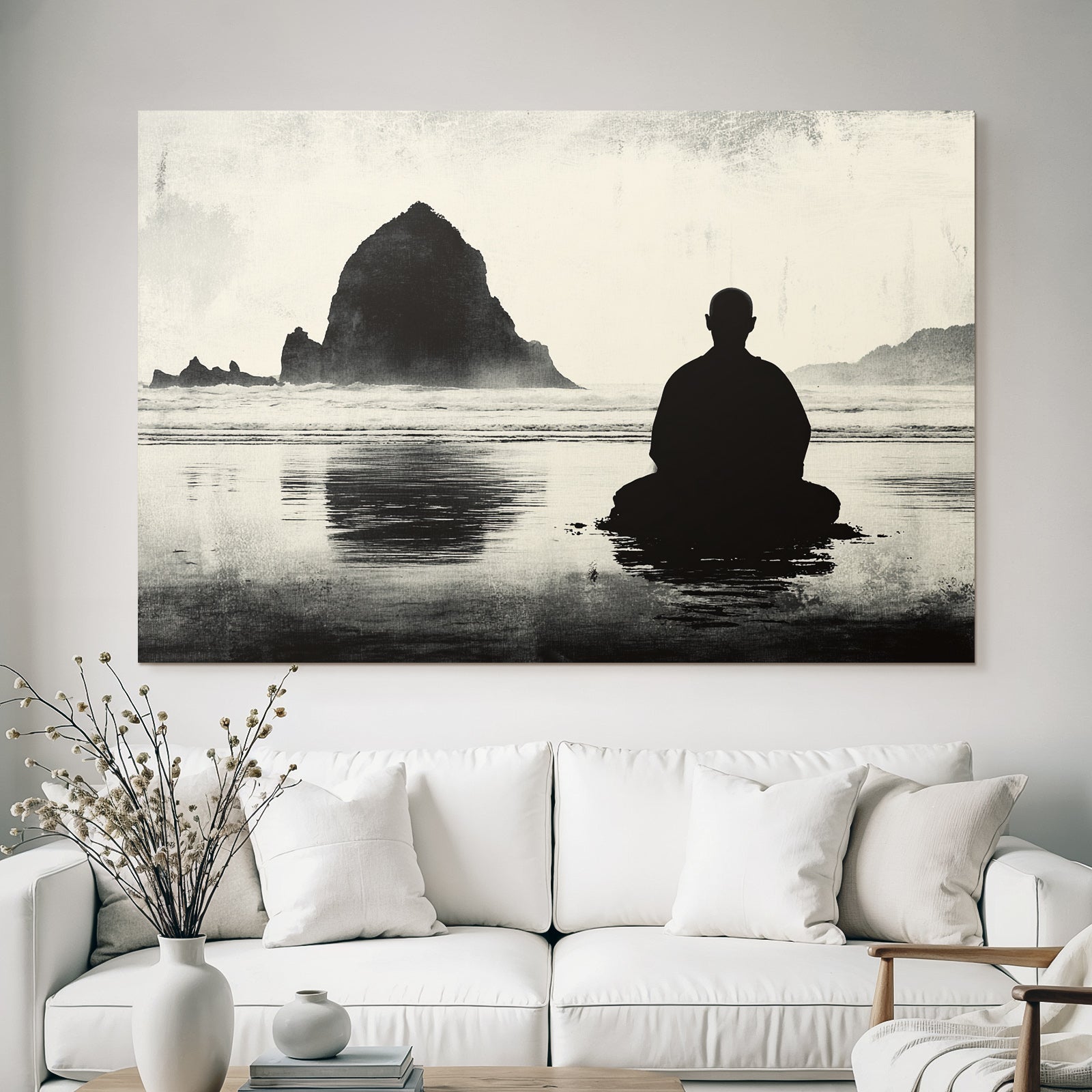 Yoga Meditation Meditierende Person Am Ozean Mit Felseninsel Hintergrund Ruhige Stimmung | Yoga und Meditation | Themen und Hobbys