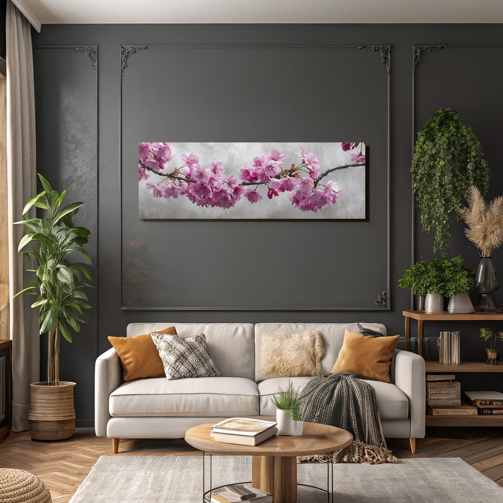 Zweig Mit Rosa Kirschblüten Vor Graüm Hintergrund