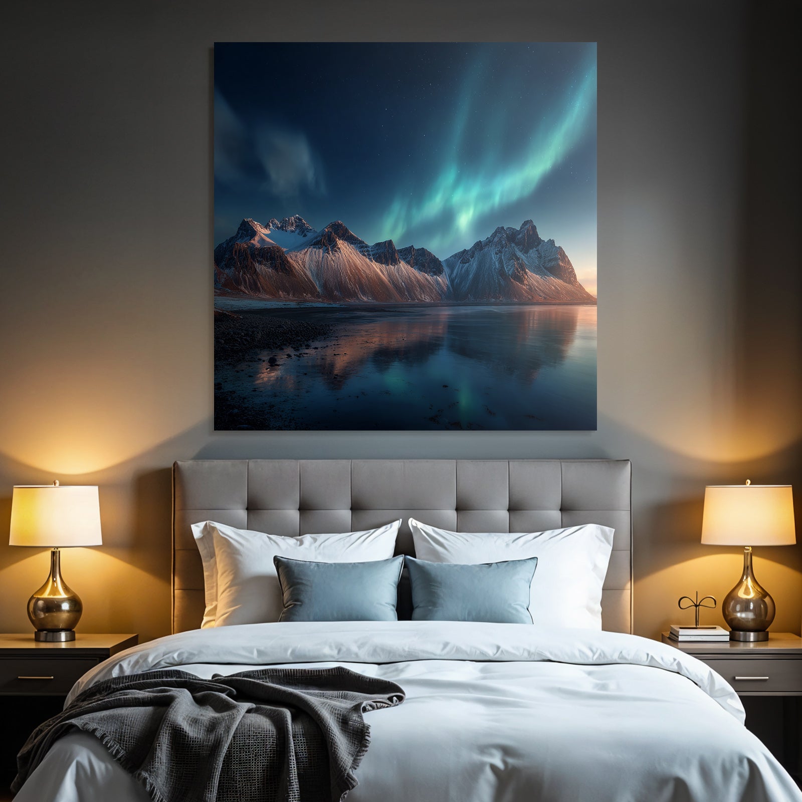 Polarlicht Abendliche Aurora Borealis Mit Schneebedeckten Bergen Und Reflektion In See | Fjorde und Gletscher | Landschaften