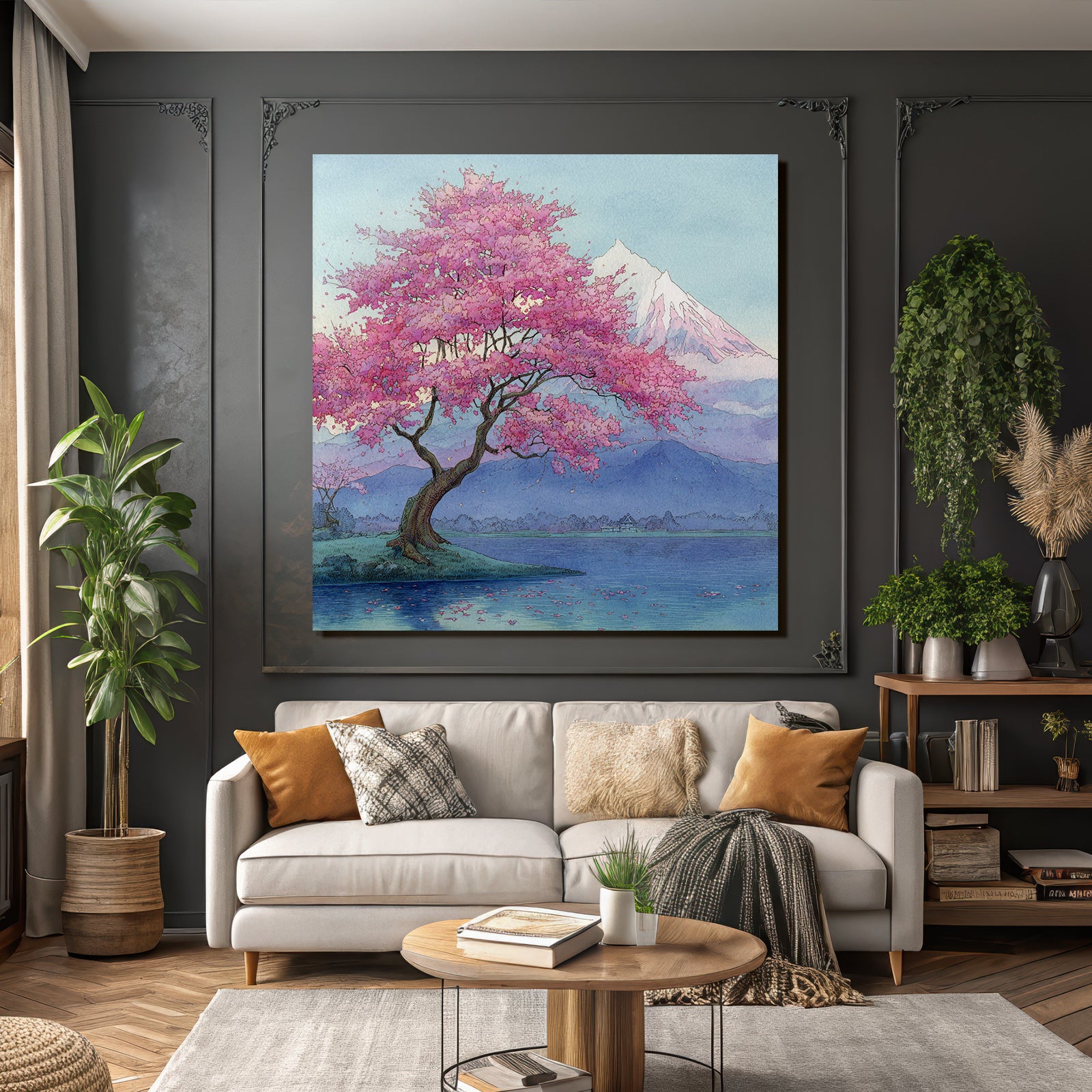 Aquarelllandschaft Mit Kirschblütenbaum Am See Vor Schneebedeckten Bergen