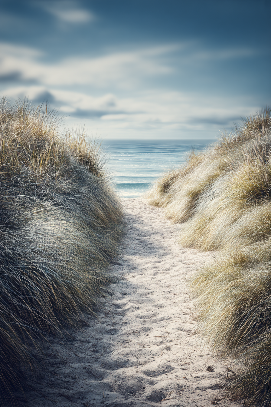 Sandy Pathway Zum Strand Unter Dem Wolkigen Himmel | Duenen und Heide | Landschaften