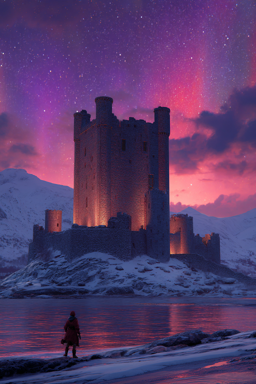 Polarlicht Mittelalterliches Schloss Am See Bei Twilight Mit Reflexionen Und Sternen | Fjorde und Gletscher | Landschaften