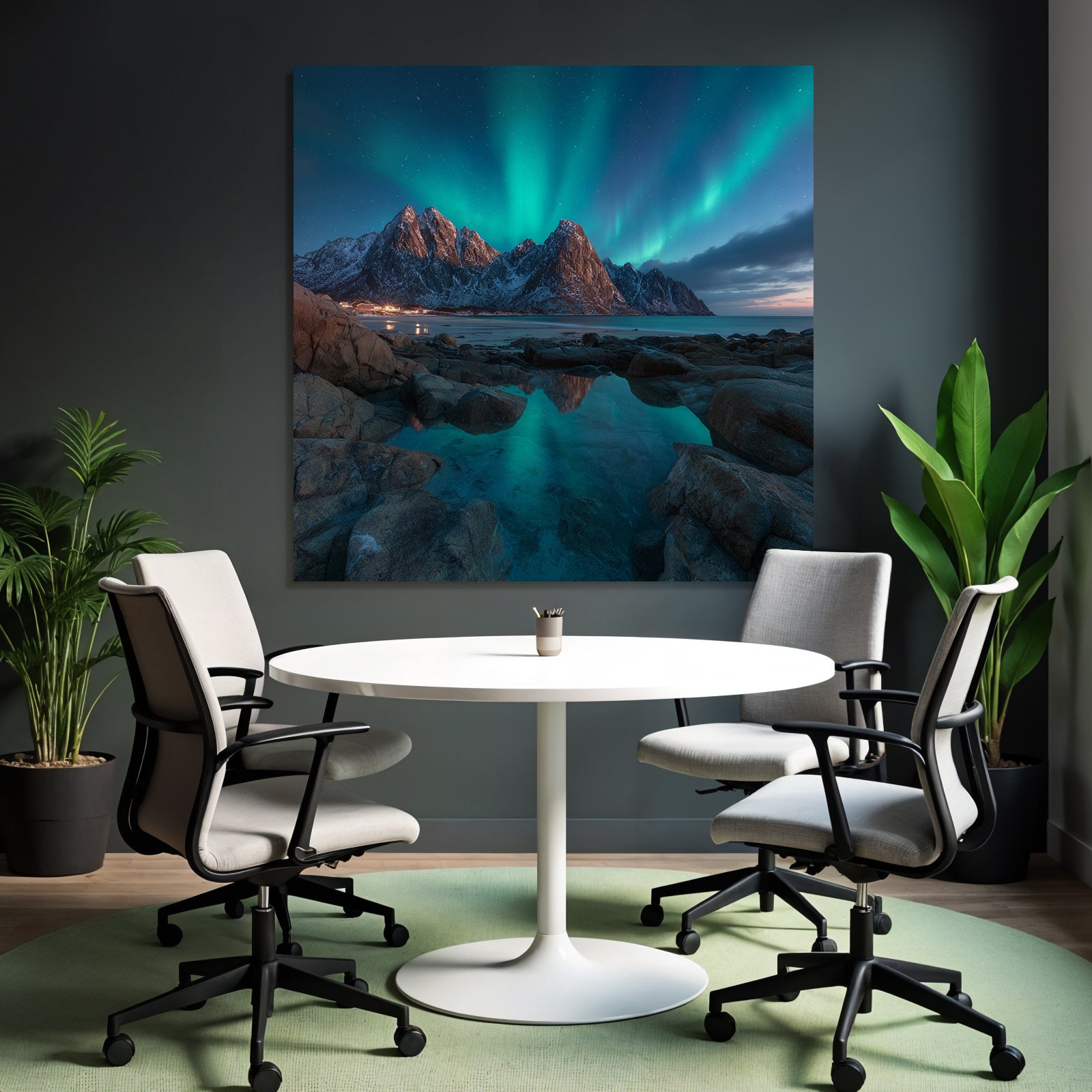 Polarlicht Nordlichter Berggipfel Reflexion Wasser Schnee Landschaft | Fjorde und Gletscher | Landschaften