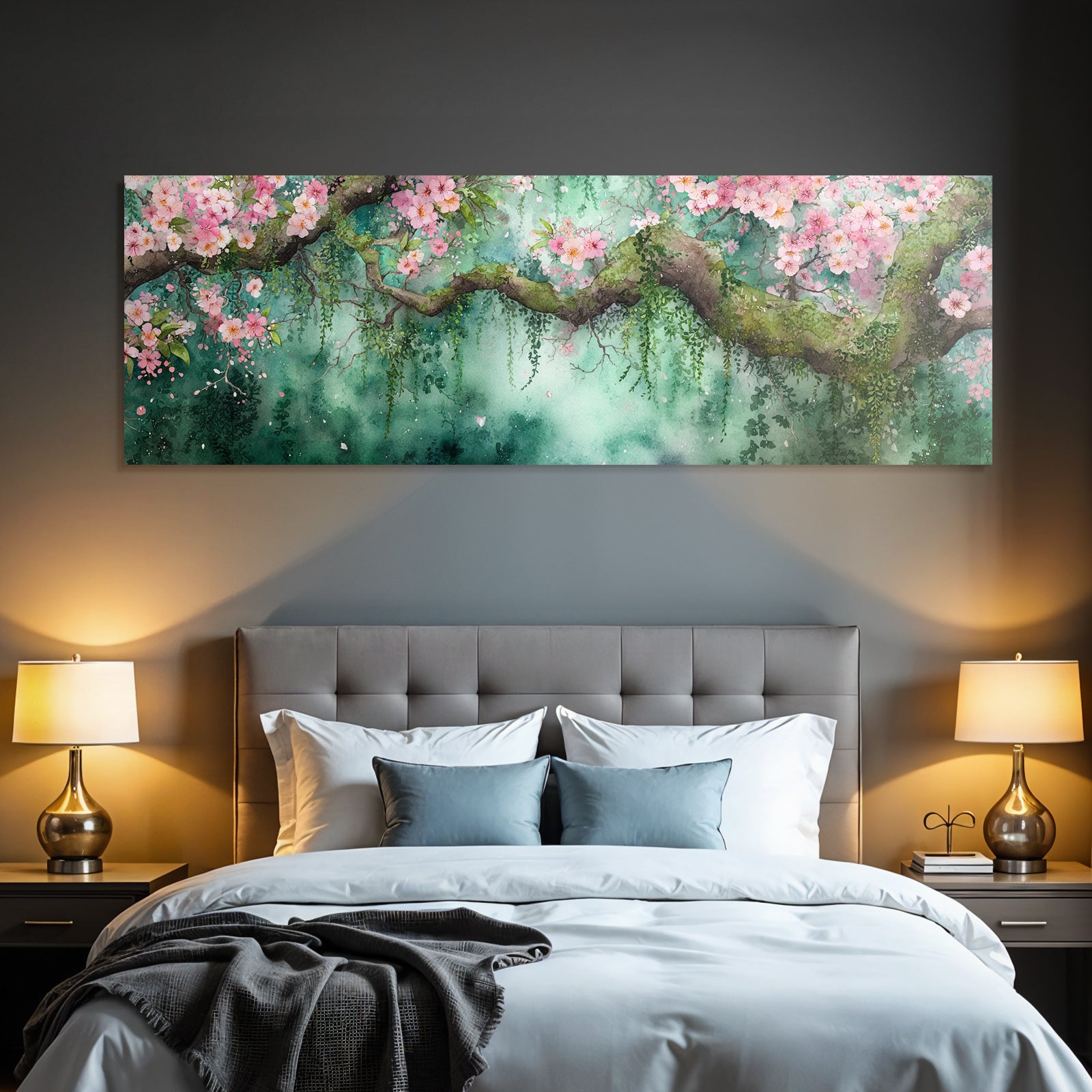Aquarell Zweig Mit Rosa Kirschblüten Vor Grünblaüm Hintergrund