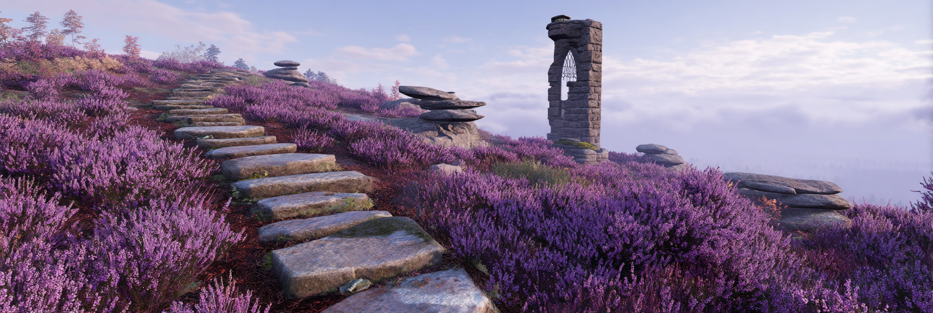 Ruhige Landschaft Mit Steinstufen Und Violetten Blumen | Duenen und Heide | Landschaften