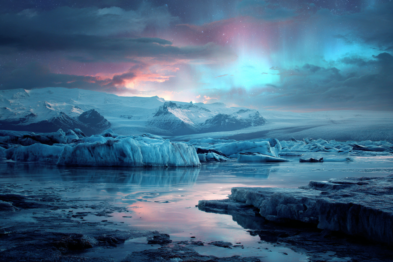 Polarlicht Glanzendes Landschaftsbild Mit Gletschern Und Aurea Borealis | Fjorde und Gletscher | Landschaften