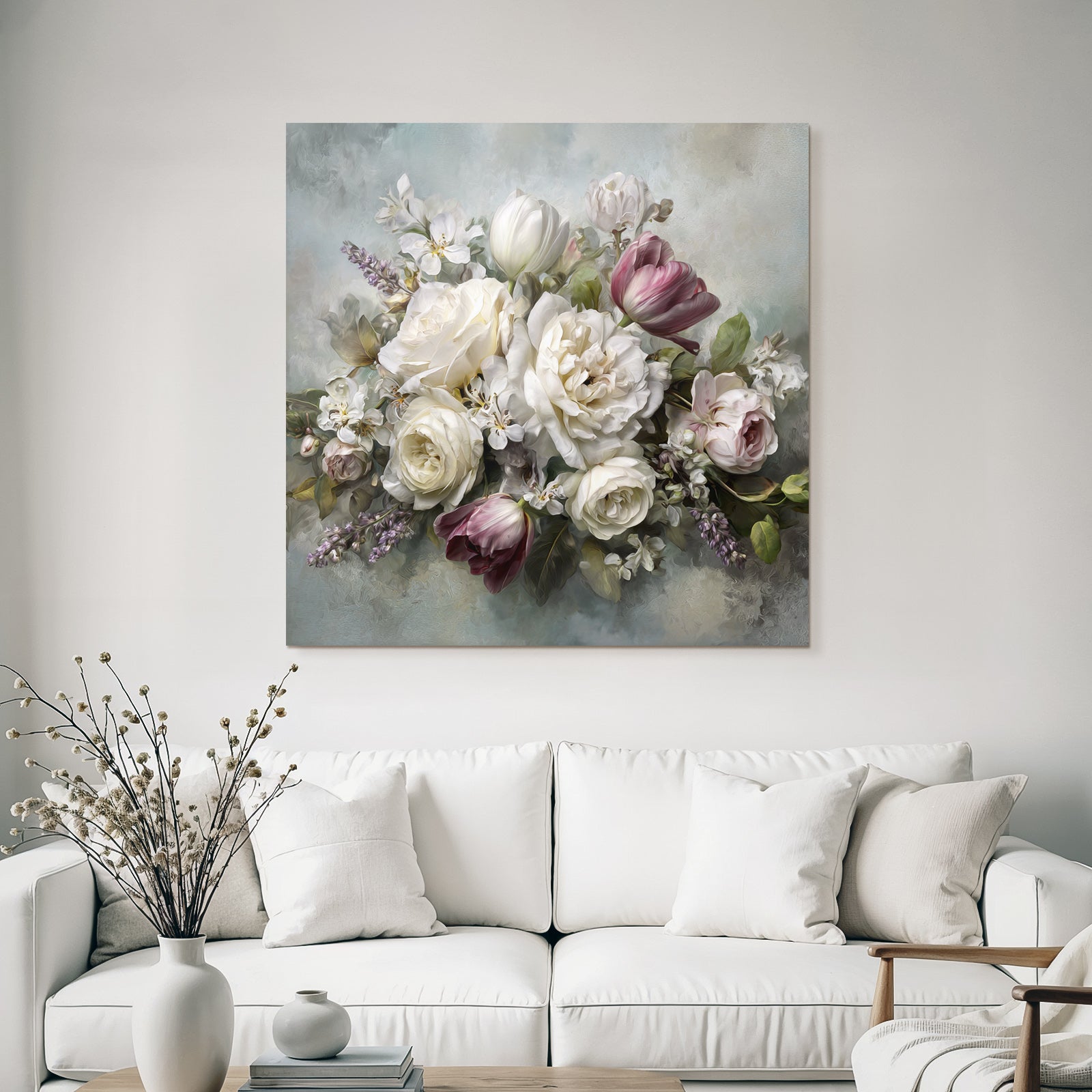 Zarte Florale Komposition Mit Rosen Tulpen Und Lavendel