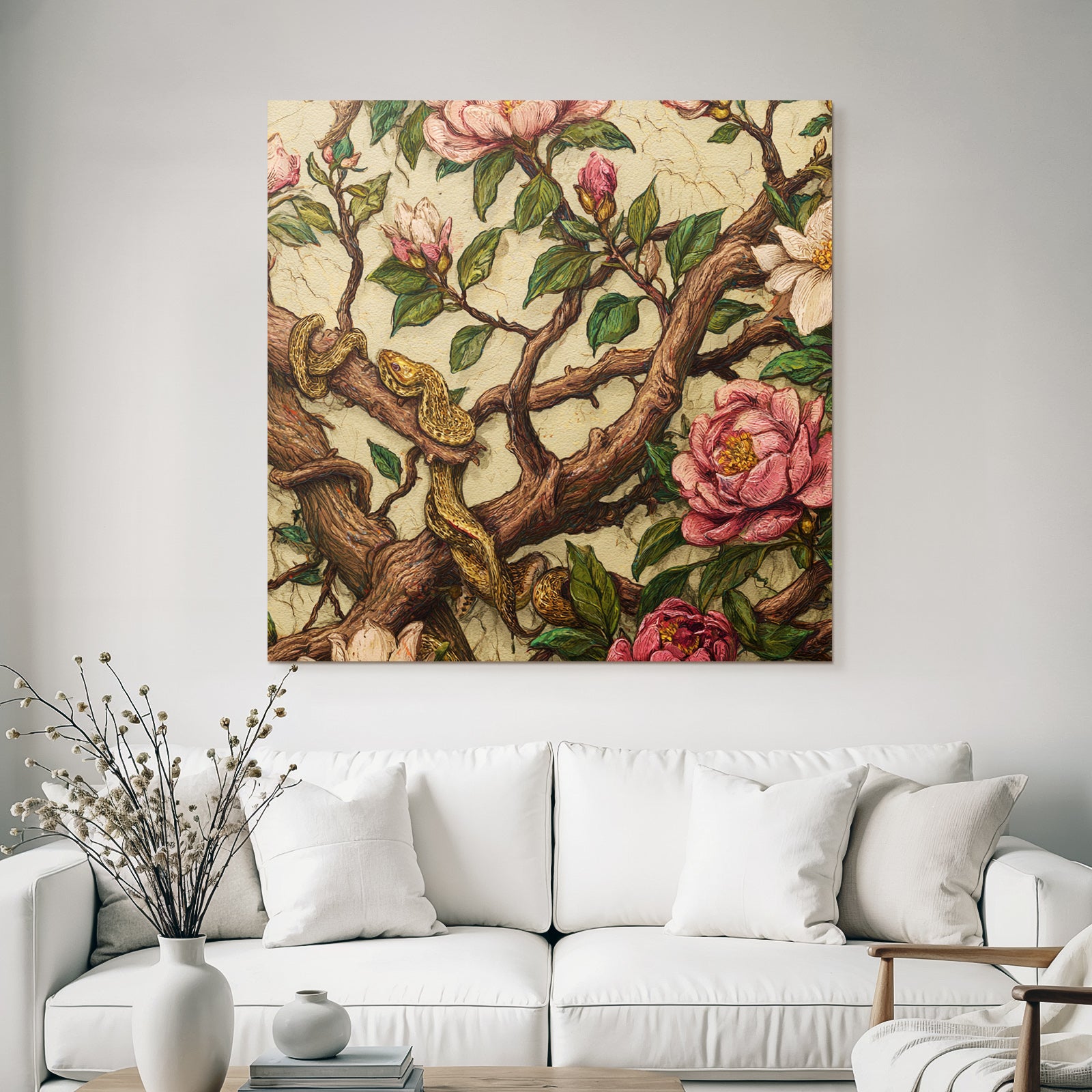 Verflochtene Zweige Mit Rosa Magnolien Und Schlange