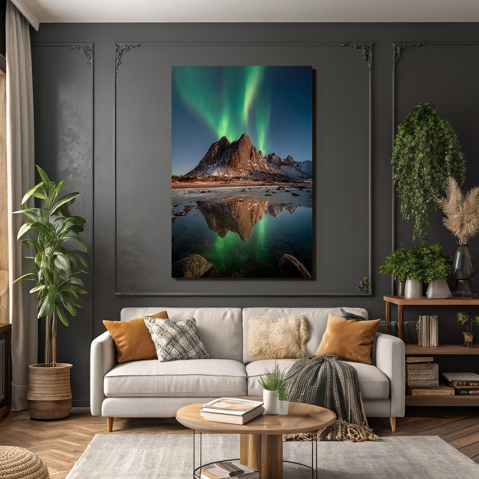 Polarlicht Naturlandschaft Mit Aurora Borealis Und Gebirgen | Fjorde und Gletscher | Landschaften