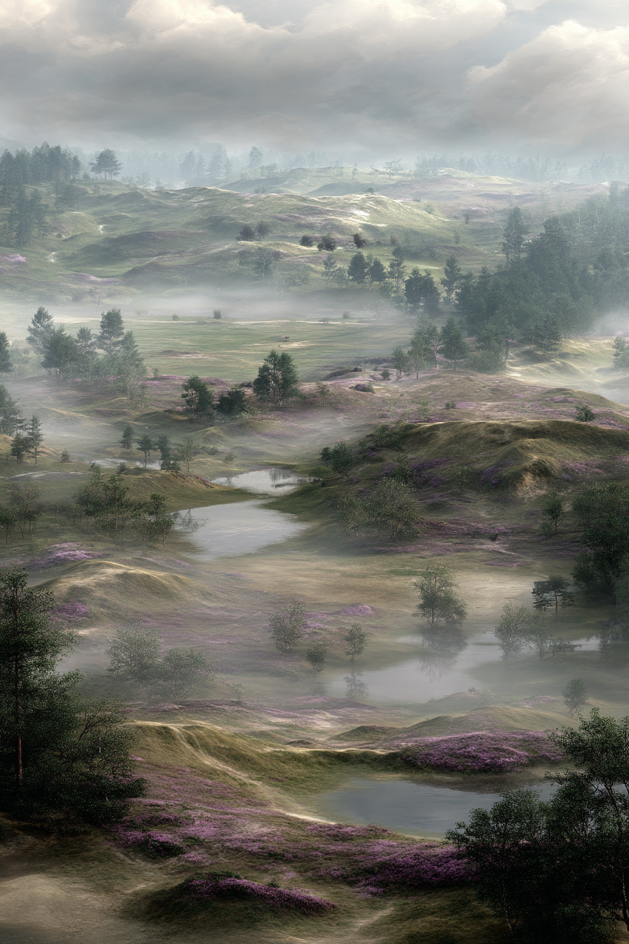 Digitale Landscape Mit Hügel Baeumen Und Wasser Im Mist | Duenen und Heide | Landschaften