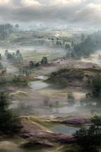 Digitale Landscape Mit Hügel Baeumen Und Wasser Im Mist | Duenen und Heide | Landschaften