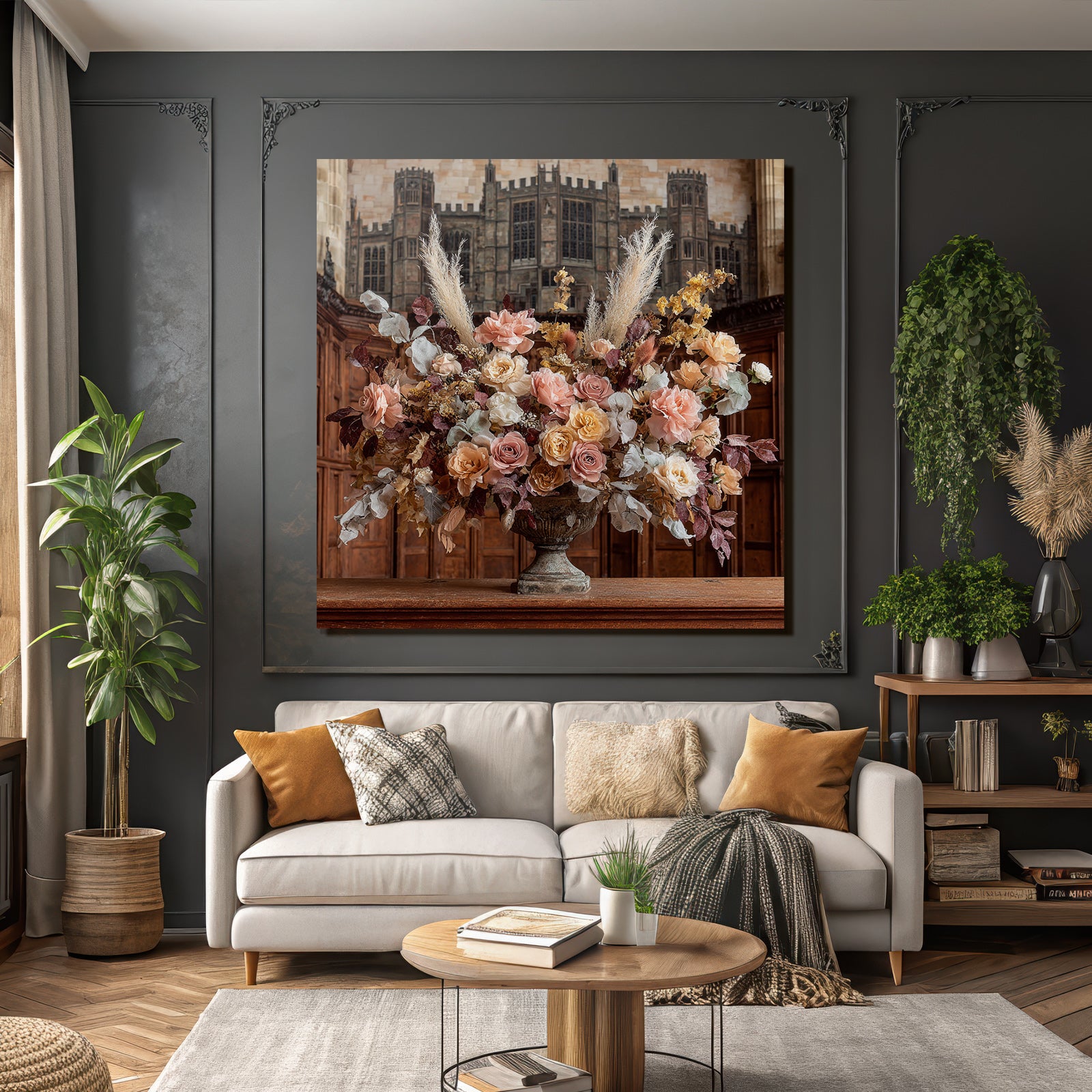 Trocken Retro Flowers Blumiges Arrangement In Ornamentalem Vase Mit Holz Hintergrund