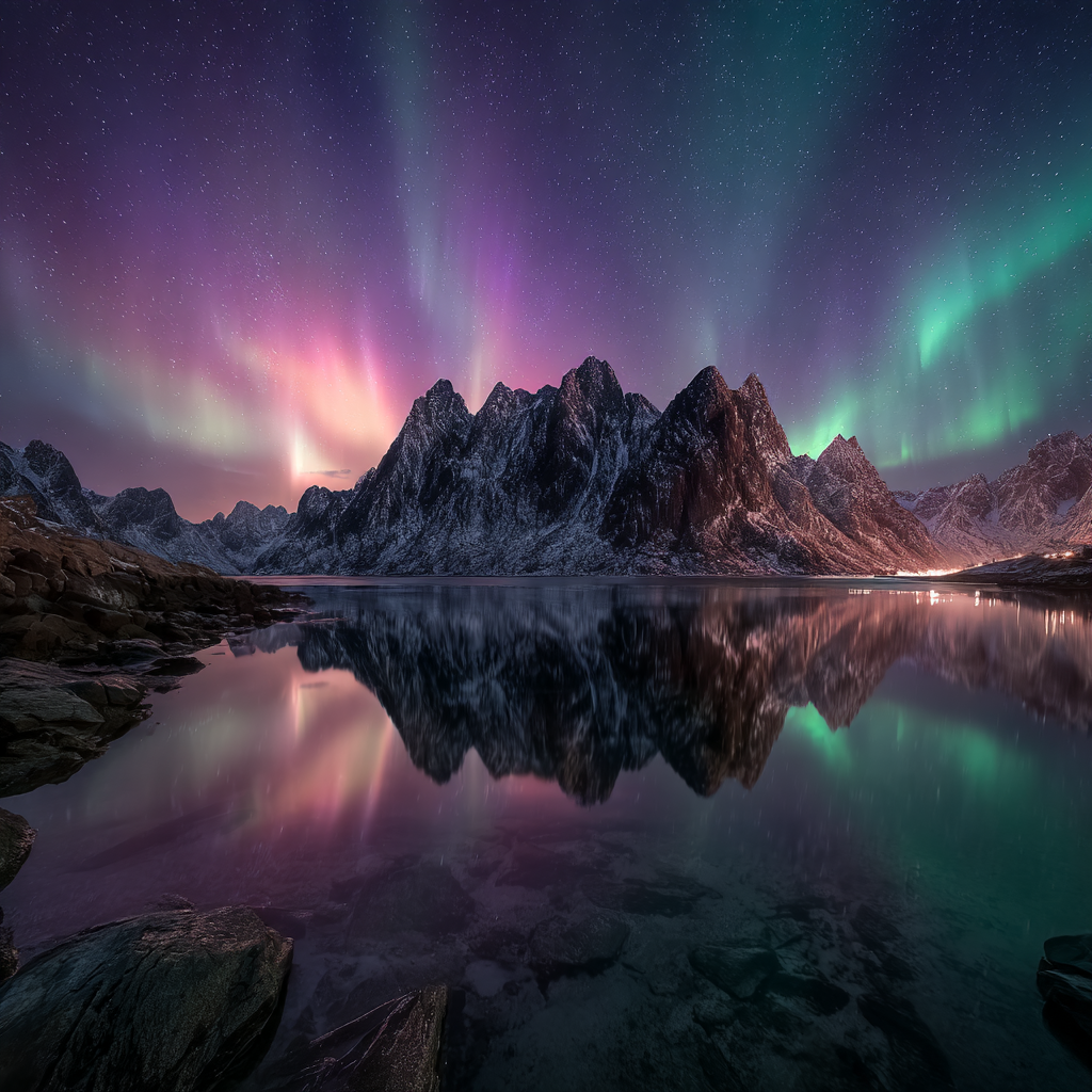 Polarlicht Schöne Naturlandschaft See Umgeben Von Schneebedeckten Bergen Aurora Nacht | Fjorde und Gletscher | Landschaften