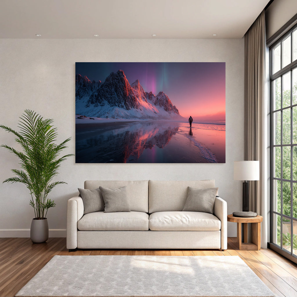 Polarlicht Schneebedeckte Berge Aurora Borealis Reflektierender Strand Pittoreske Szene | Fjorde und Gletscher | Landschaften