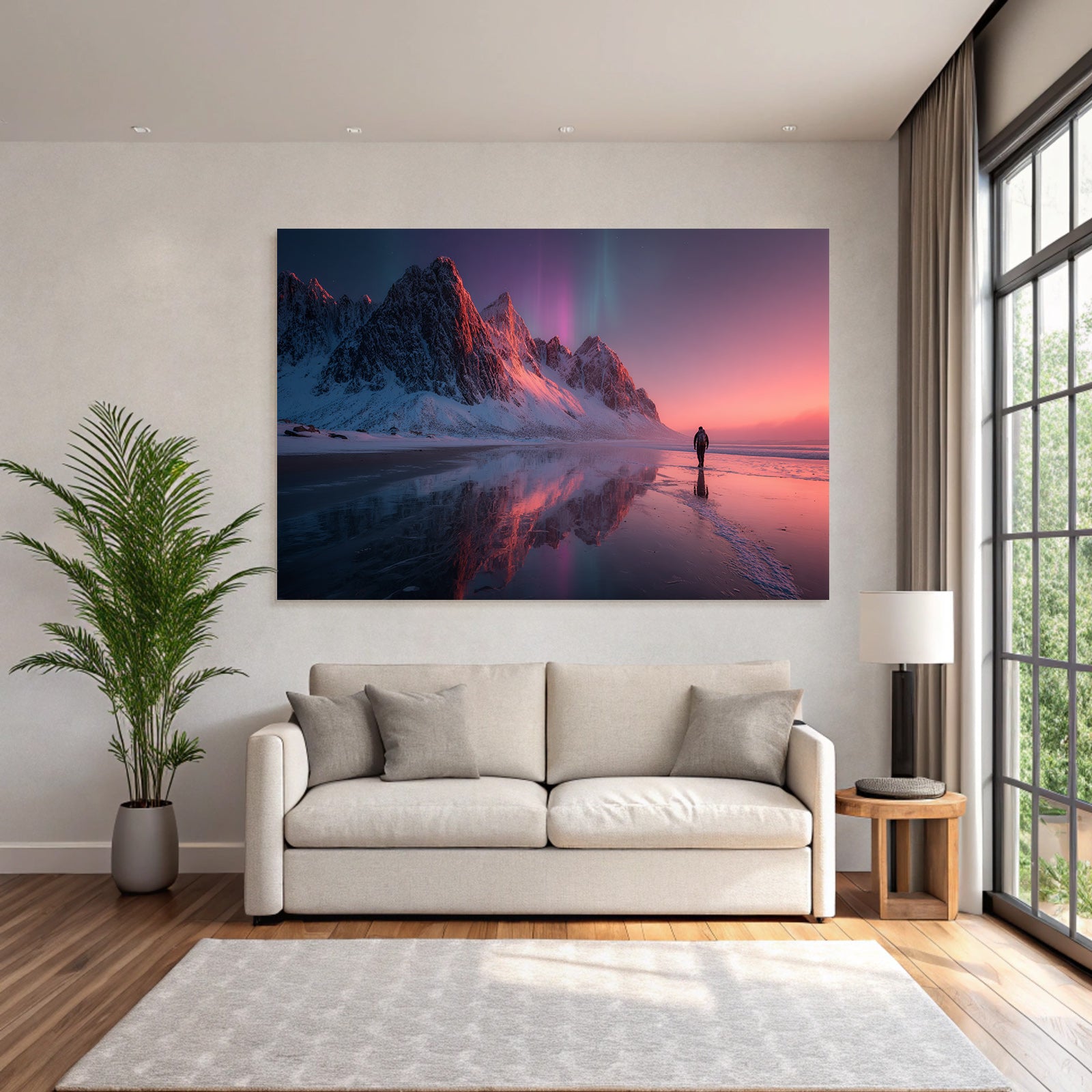 Polarlicht Schneebedeckte Berge Aurora Borealis Reflektierender Strand Pittoreske Szene | Fjorde und Gletscher | Landschaften