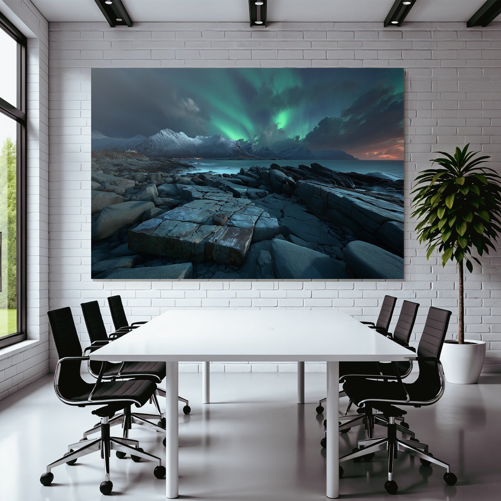 Polarlicht Rockige Küste Mit Aurora Borealis Und Schneebedeckten Bergen | Fjorde und Gletscher | Landschaften