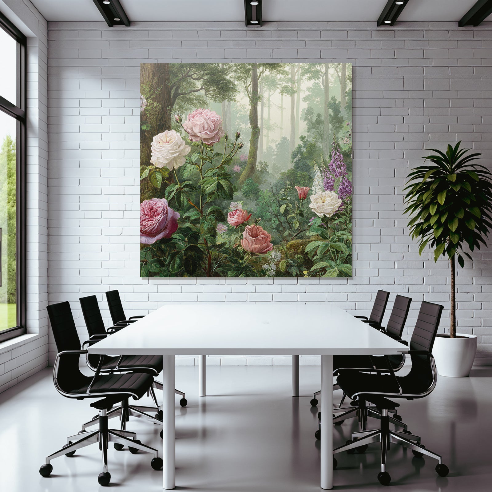 Malerische Waldszene Mit Rosen Und Blütenpflanzen In Dunstiger Atmosphäre