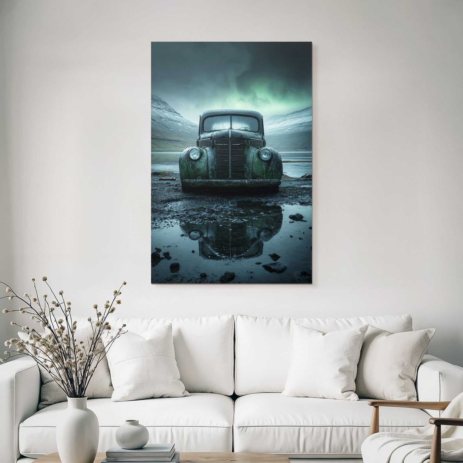 Polarlicht Alte Verlassene Autos In Verlassenem Landscape Mit Bergen Und Reflektierendem Pfütze | Fjorde und Gletscher | Landschaften