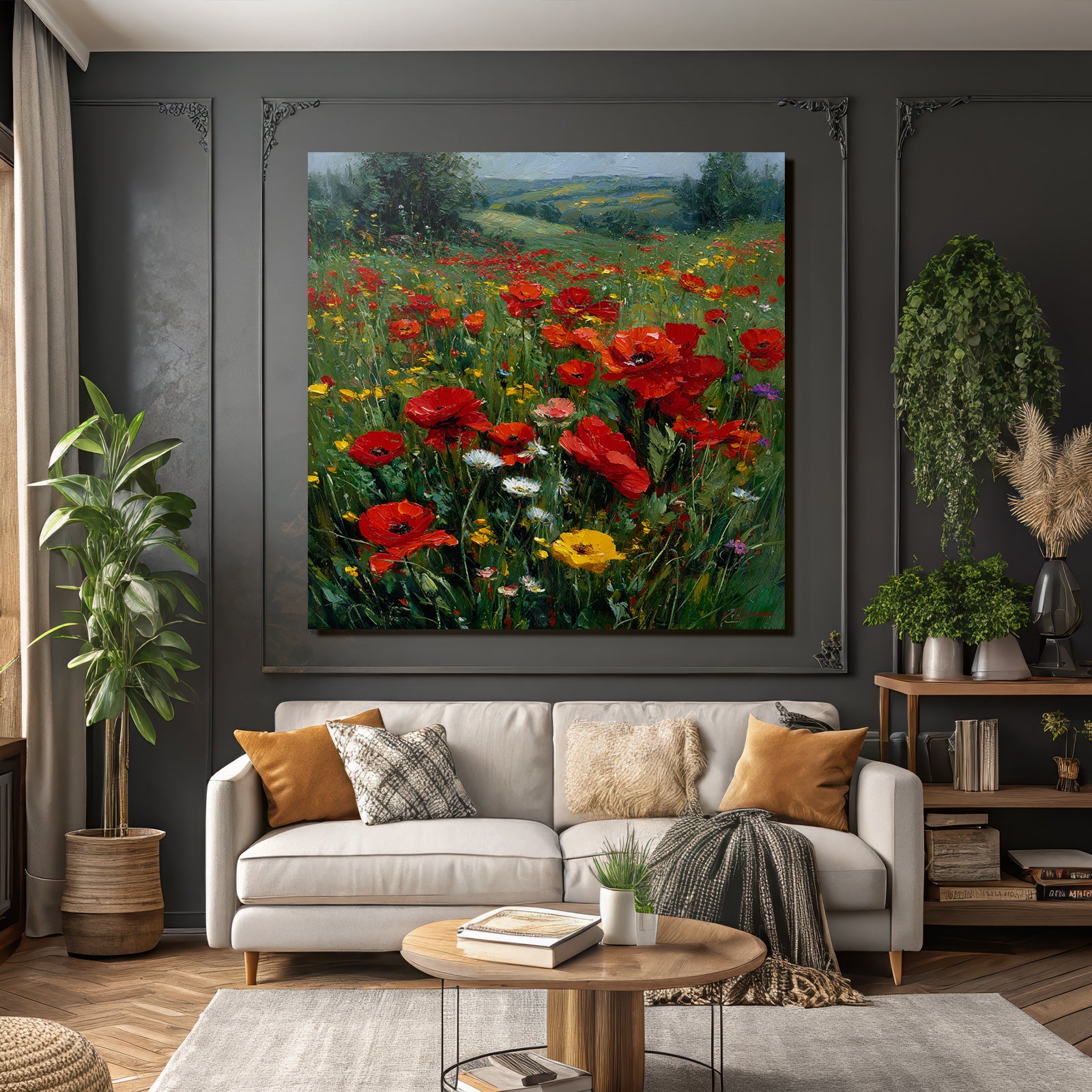 Impressionistische Wiese Mit Roten Mohn Und Bunten Wild