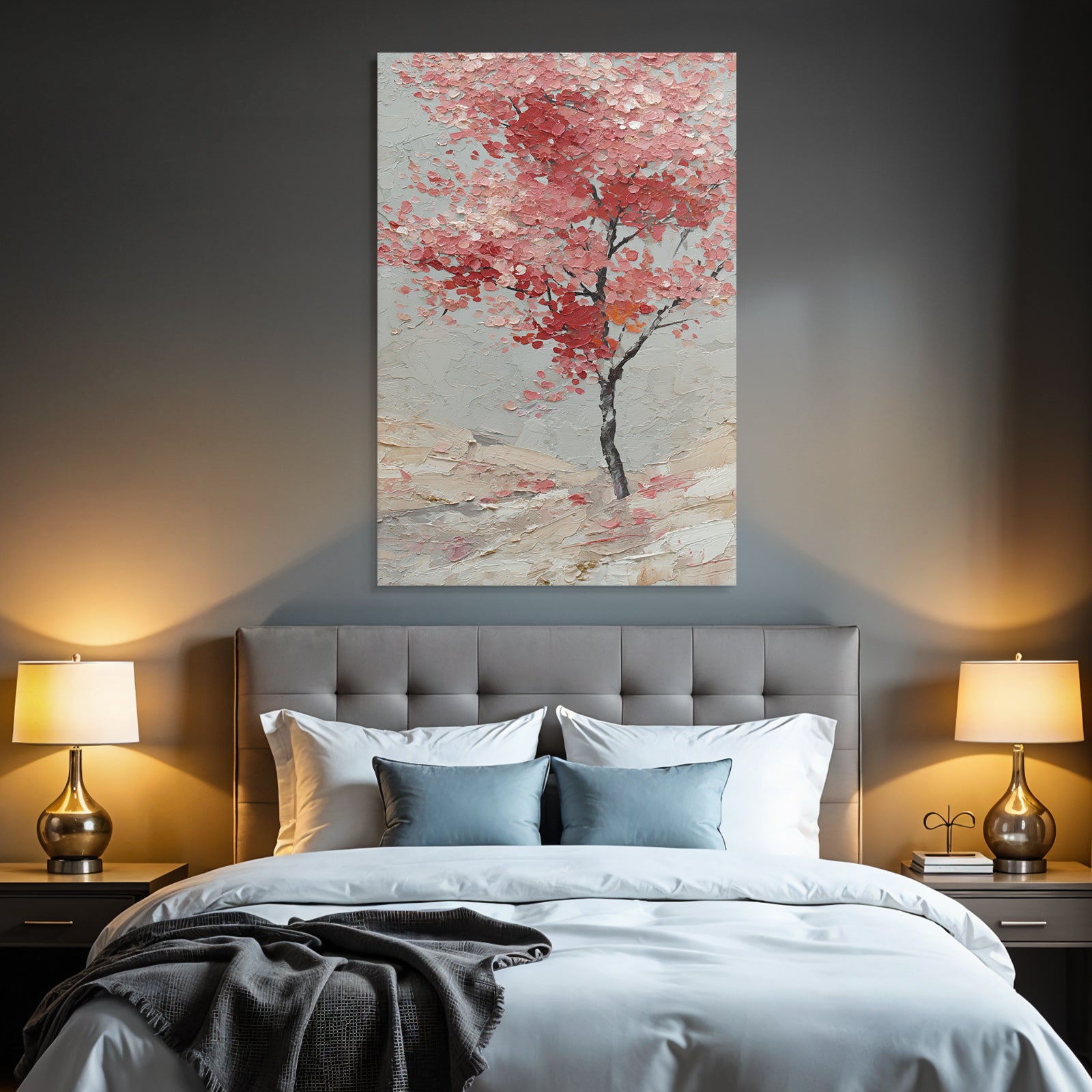 Impasto Baum Mit Pinken Und Roten Blättern Vor Graüm Hintergrund