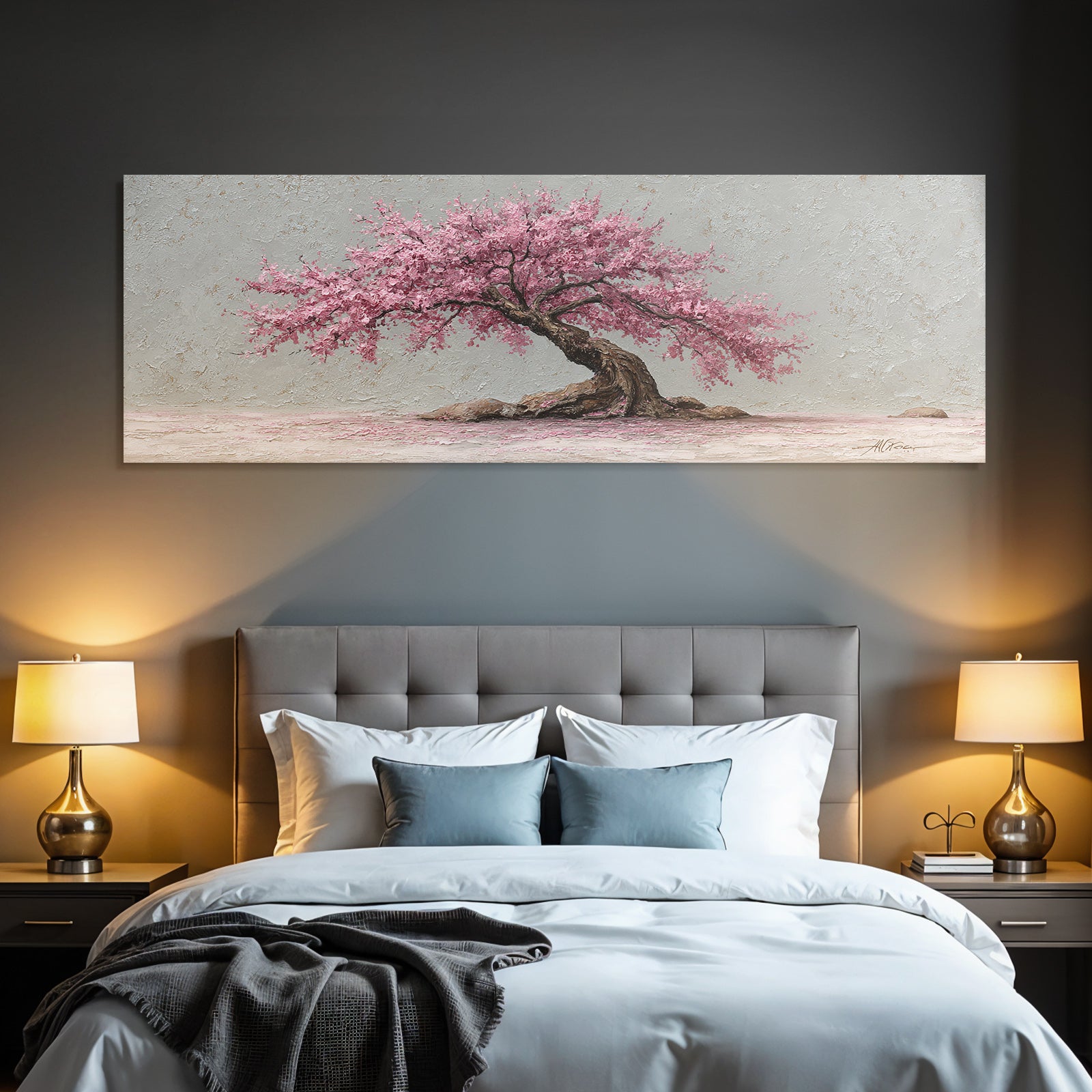 Schöner Baum Mit Rosa Blüten Auf Graüm Hintergrund