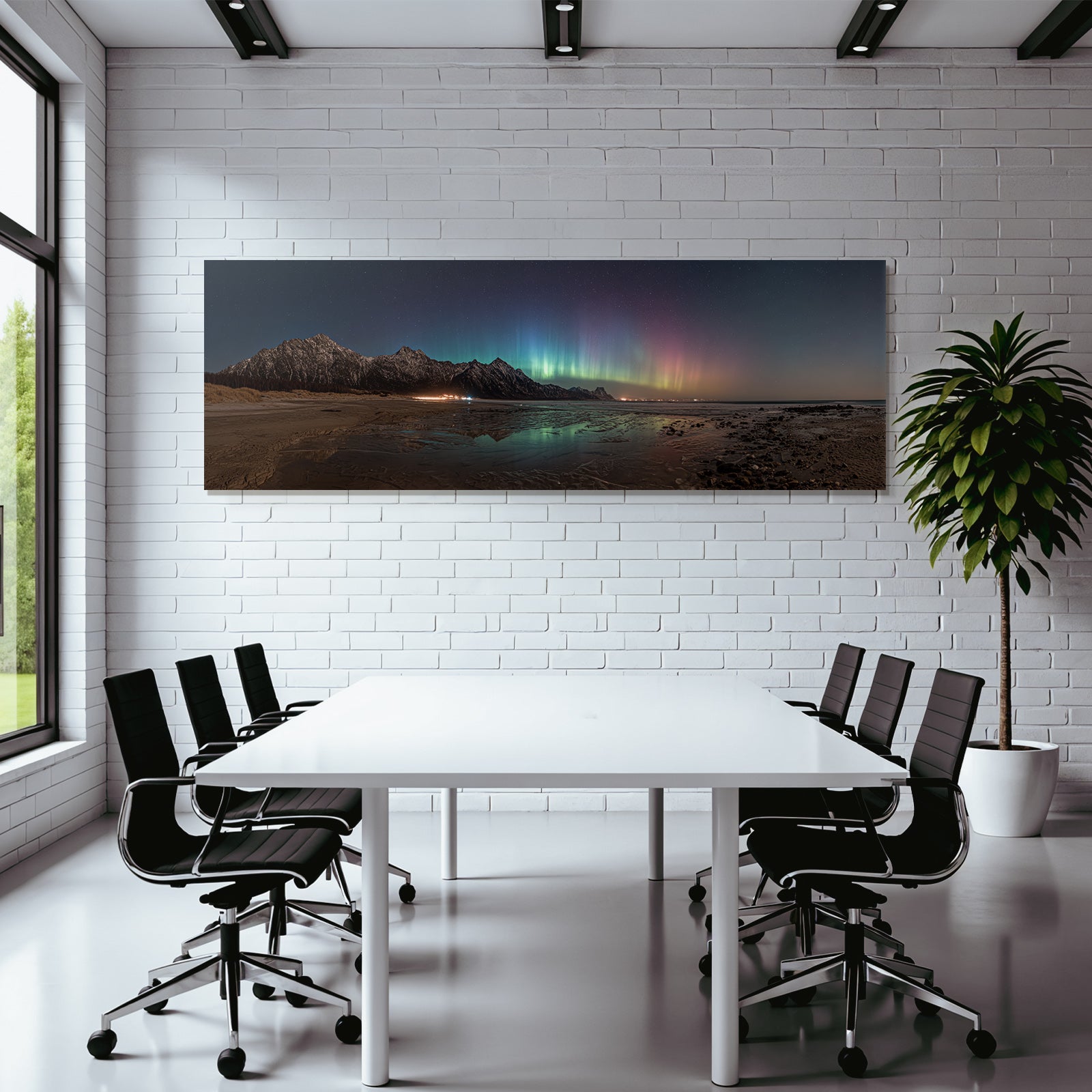 Polarlicht Panoramablick Berge Strand Nacht Himmelsaura Borealis | Fjorde und Gletscher | Landschaften