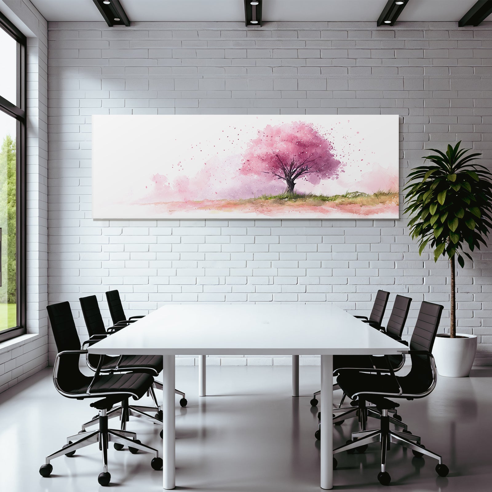 Zartes Aquarell Eines Rosa Kirschbaums Mit Gras