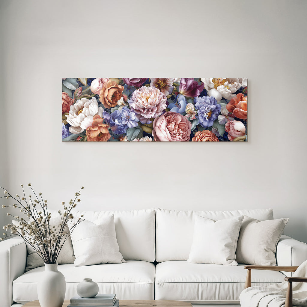 Illustration Mit Pfingstrosen Rosen Und Weiteren Blüten Vor Dunklem Hintergrund