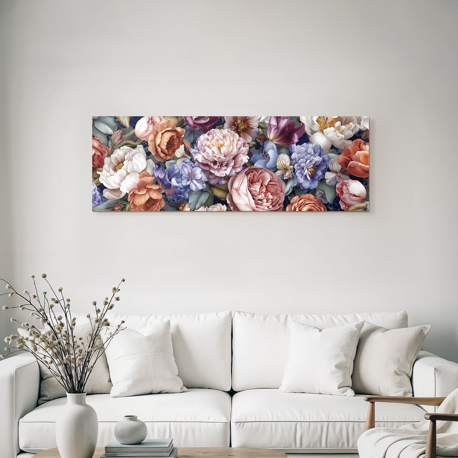 Illustration Mit Pfingstrosen Rosen Und Weiteren Blüten Vor Dunklem Hintergrund