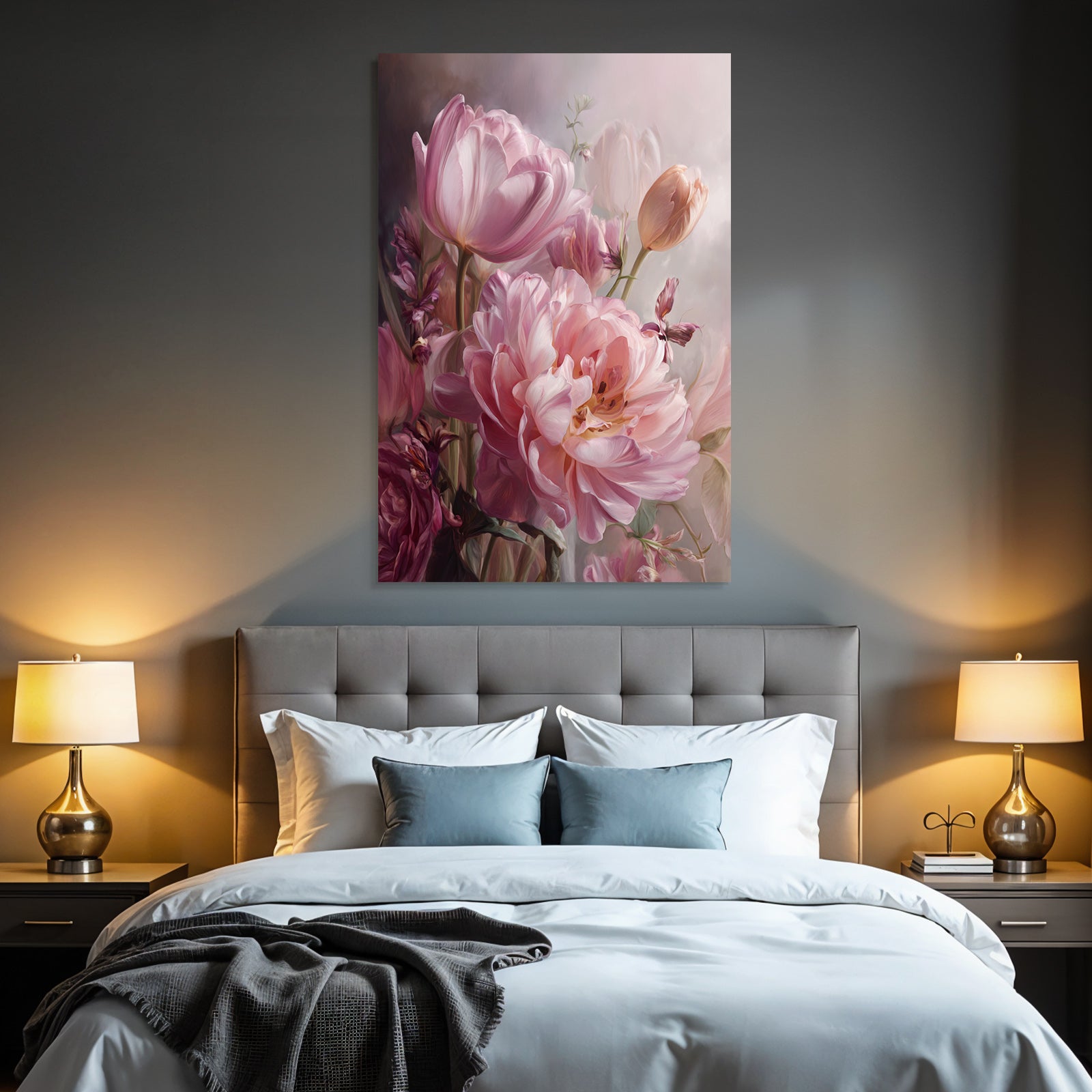 Schöne Anordnung Rosa Und Lila Tulpen Und Pfingstrosen