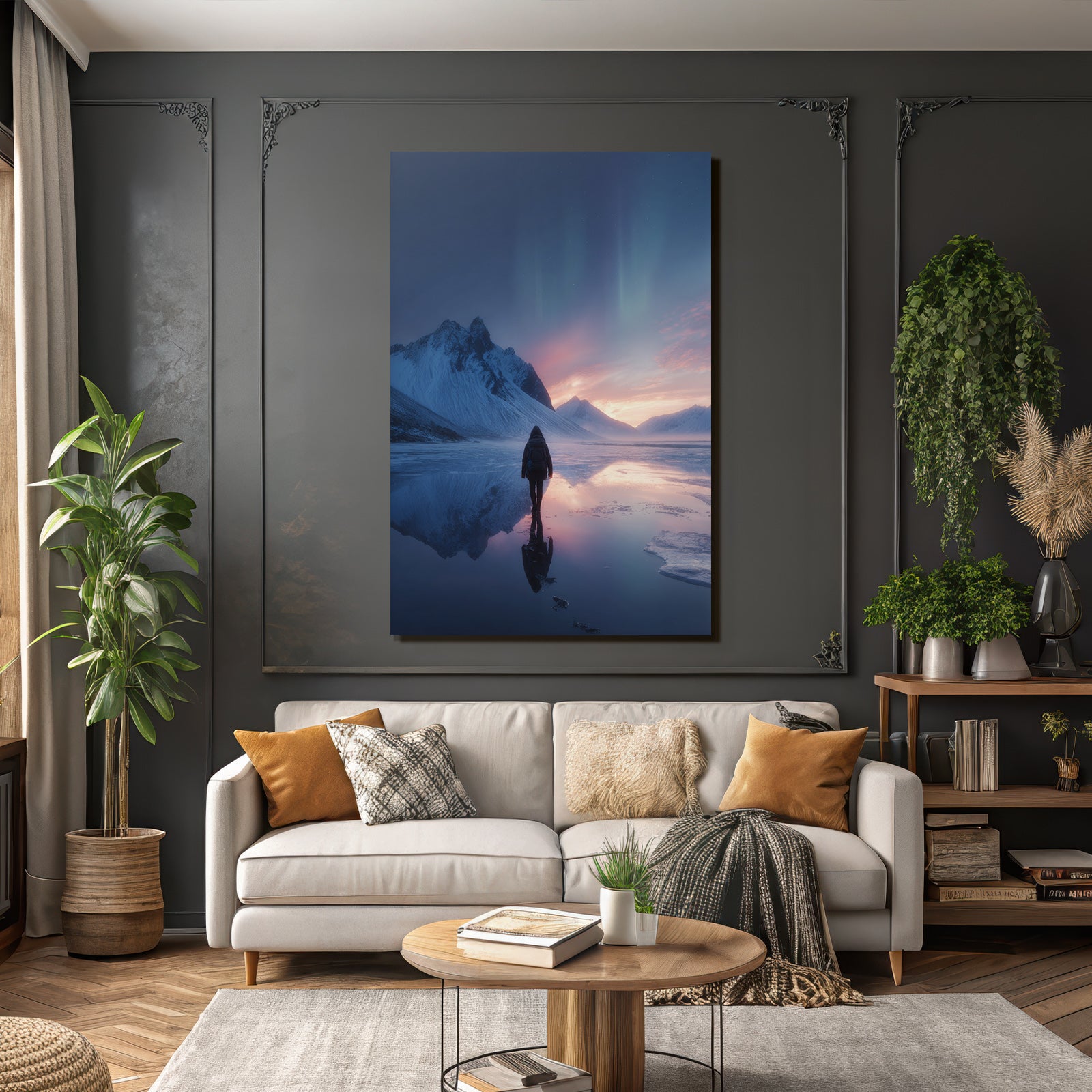 Polarlicht Winterlandschaft Solitaire Person Eisflächen Bergblick Nordlichter | Fjorde und Gletscher | Landschaften