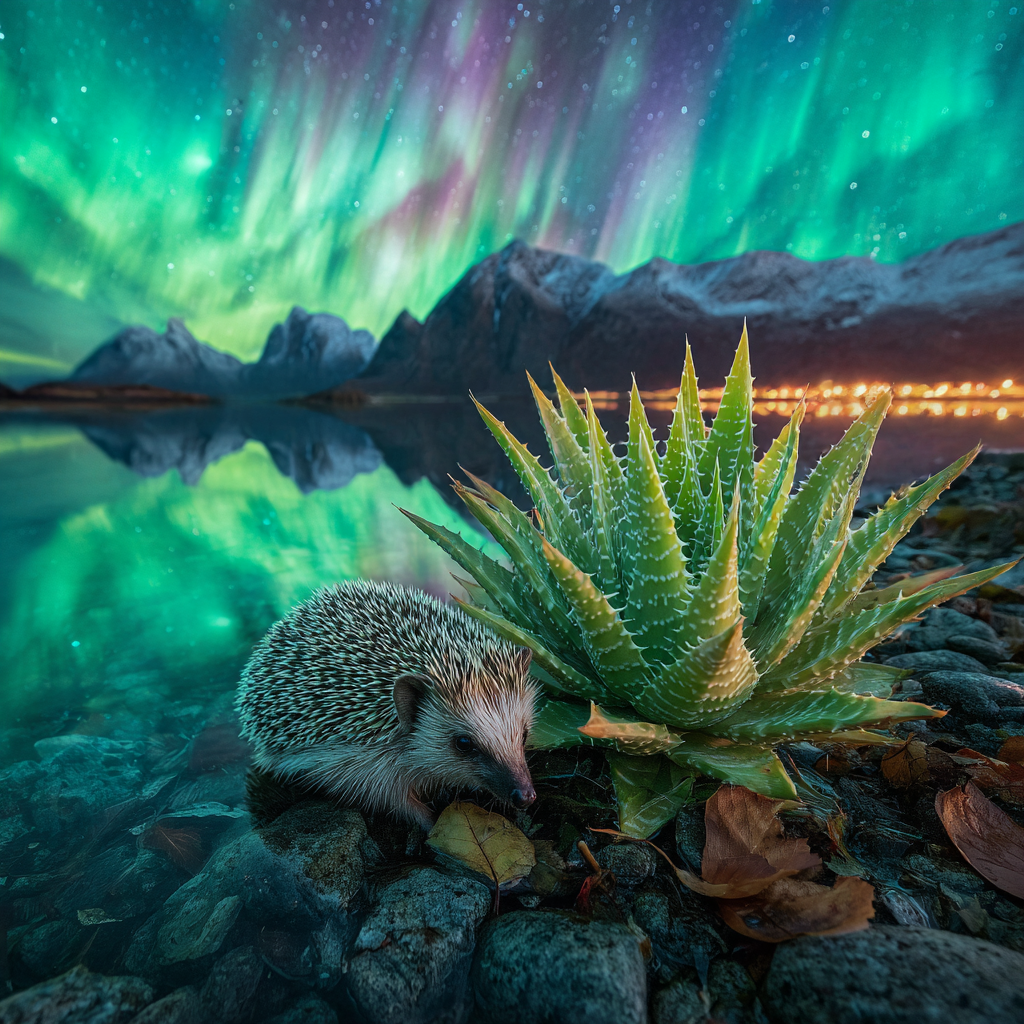 Polarlicht Igel Vor Sukkulente Und Aurora Borealis Reflexion Im Wasser | Fjorde und Gletscher | Landschaften