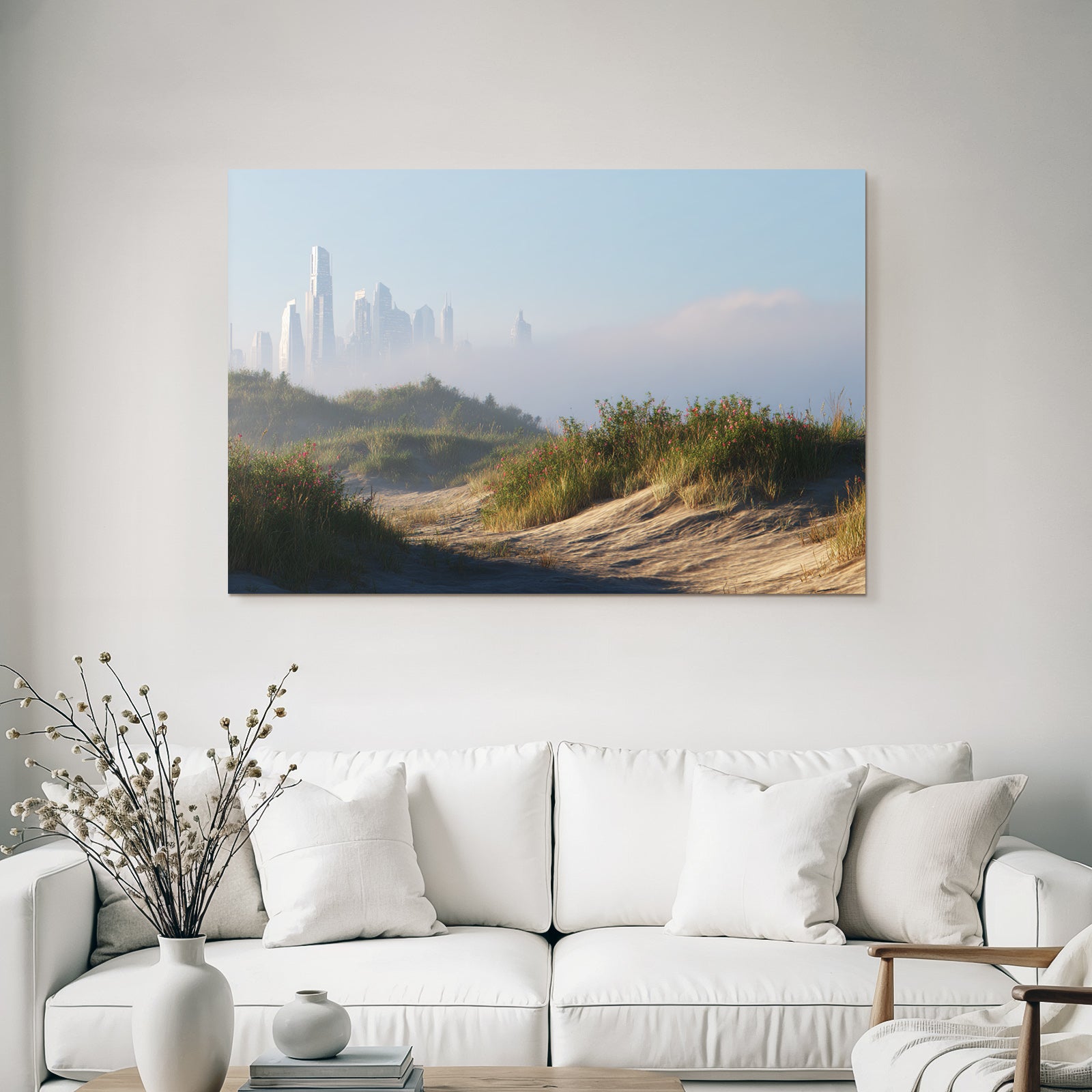Ruhige Landschaft Sanddünen Und Futuristische Stadt Skyline | Duenen und Heide | Landschaften