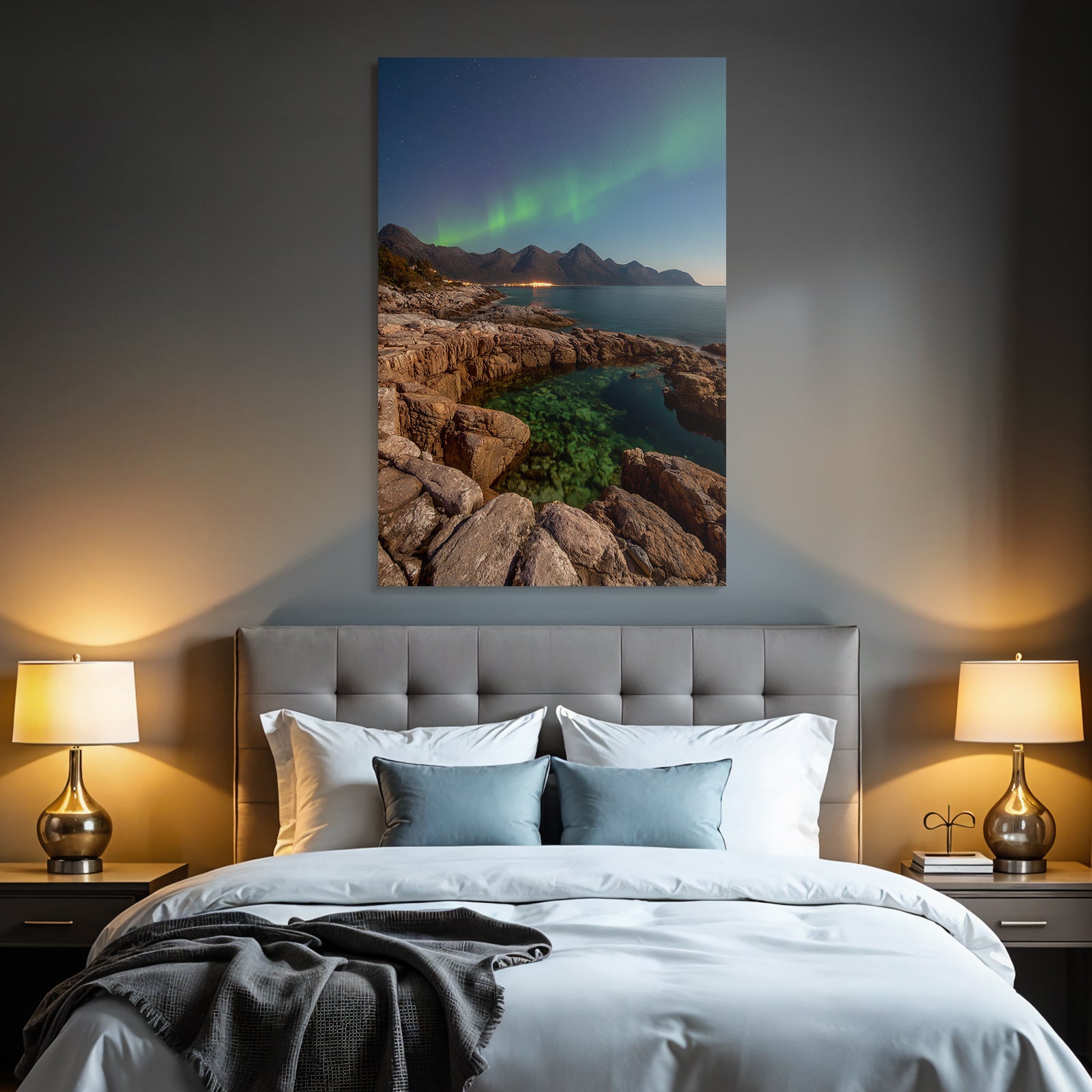 Polarlicht Felsenküste Klare Wasser Und Nordlichter Nachtlandschaft | Fjorde und Gletscher | Landschaften