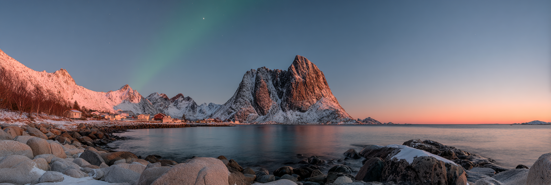Polarlicht Snowbedeckter Blick Mit Bergen Und Aurora Borealis | Fjorde und Gletscher | Landschaften