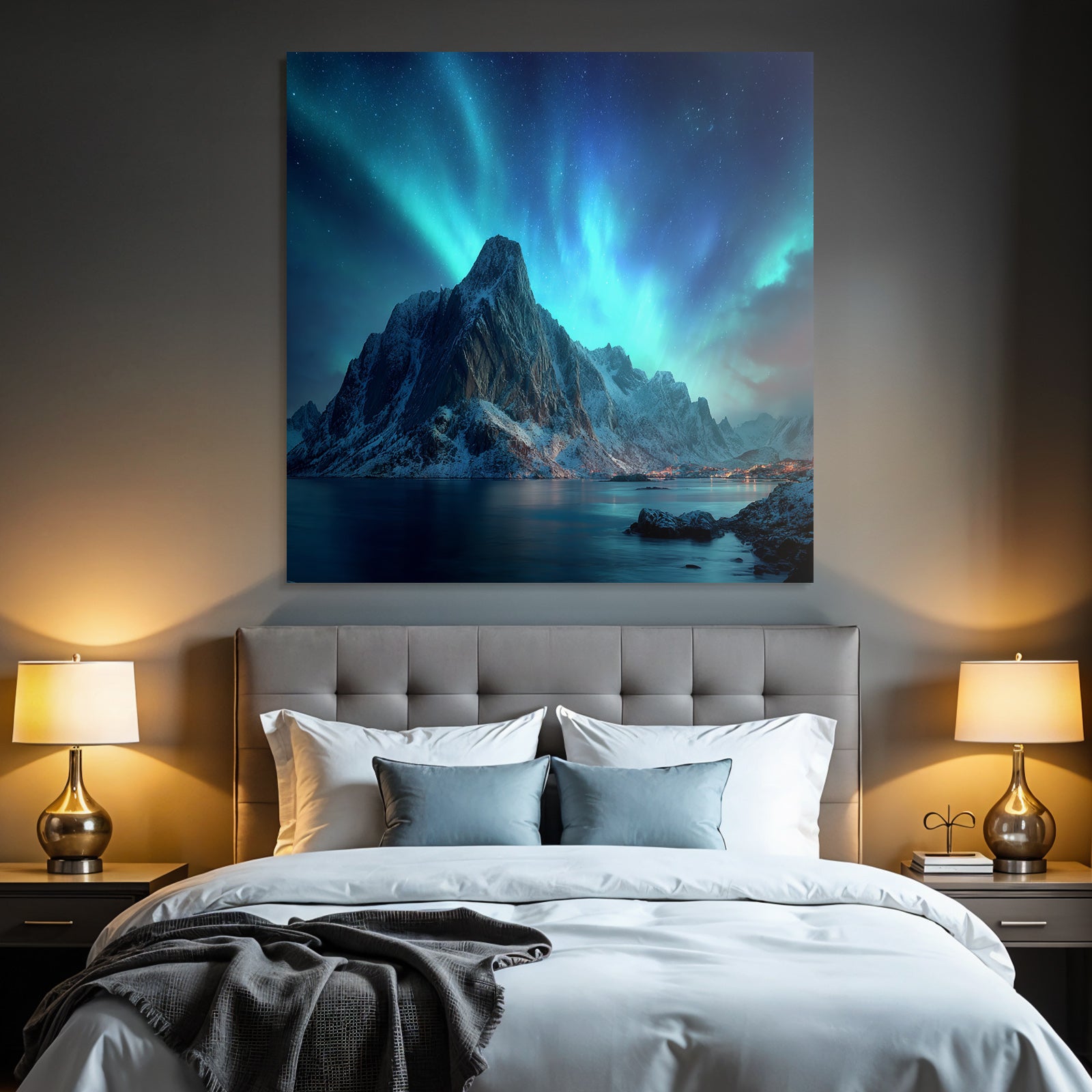 Polarlicht Mountainlandschaft Nacht Himmel Nordlichter Schneebedeckte Spitzen Wasser Reflection | Fjorde und Gletscher | Landschaften
