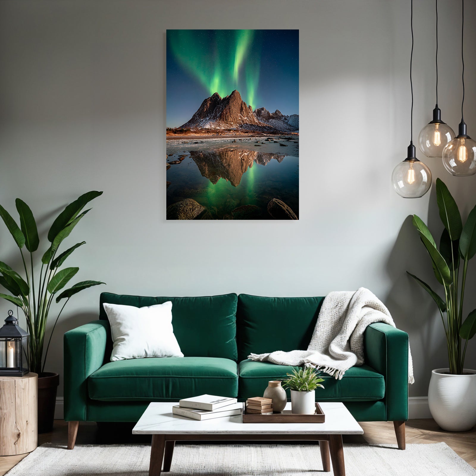 Polarlicht Naturlandschaft Mit Aurora Borealis Und Gebirgen | Fjorde und Gletscher | Landschaften