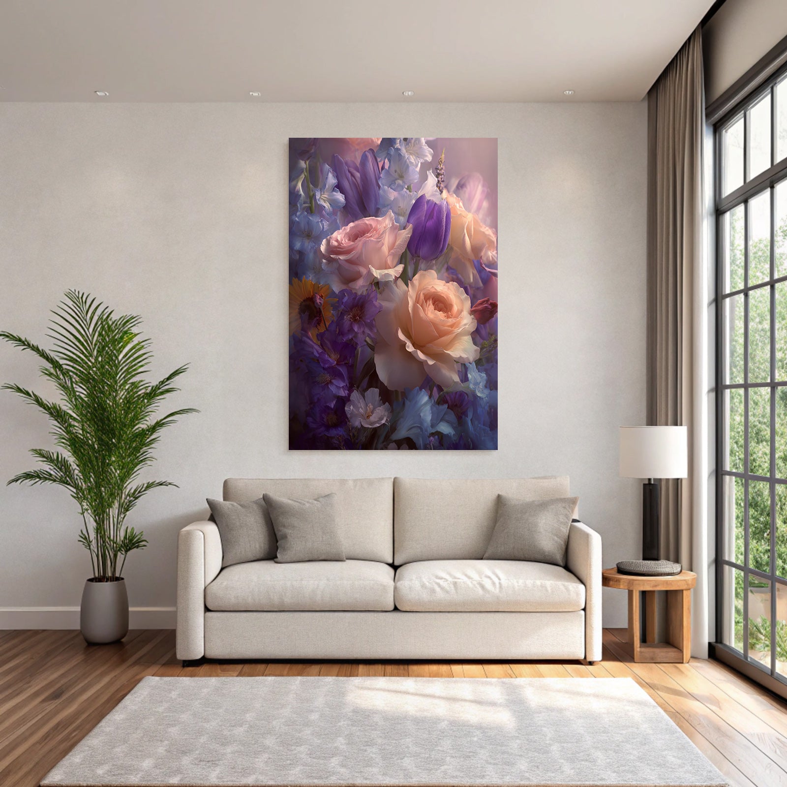 Romantische Florale Komposition Mit Pfirsichrosen Und Purpurtulpen