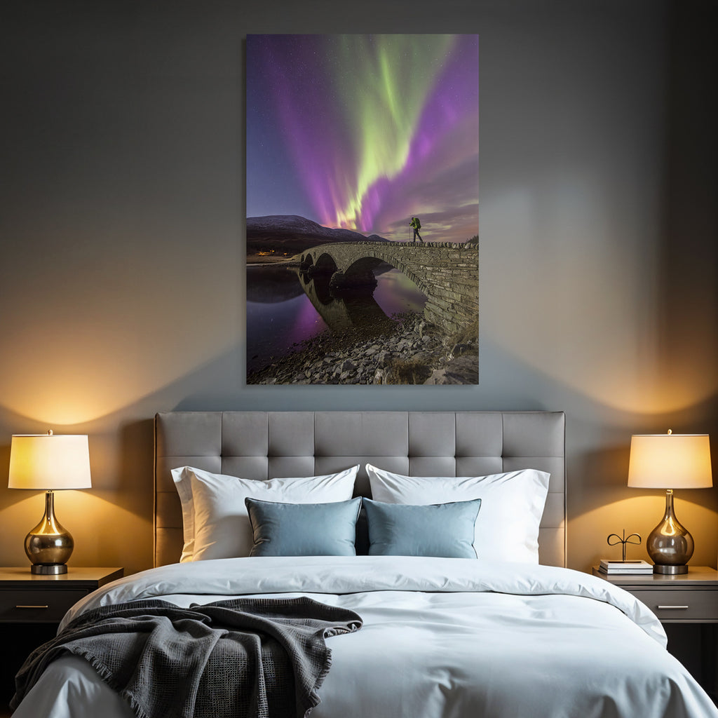 Polarlicht Nordlichter Brücke Wasser Mountains Nacht Sternenhimmel | Fjorde und Gletscher | Landschaften