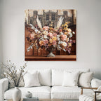 Trocken Retro Flowers Blumiges Arrangement In Ornamentalem Vase Mit Holz Hintergrund