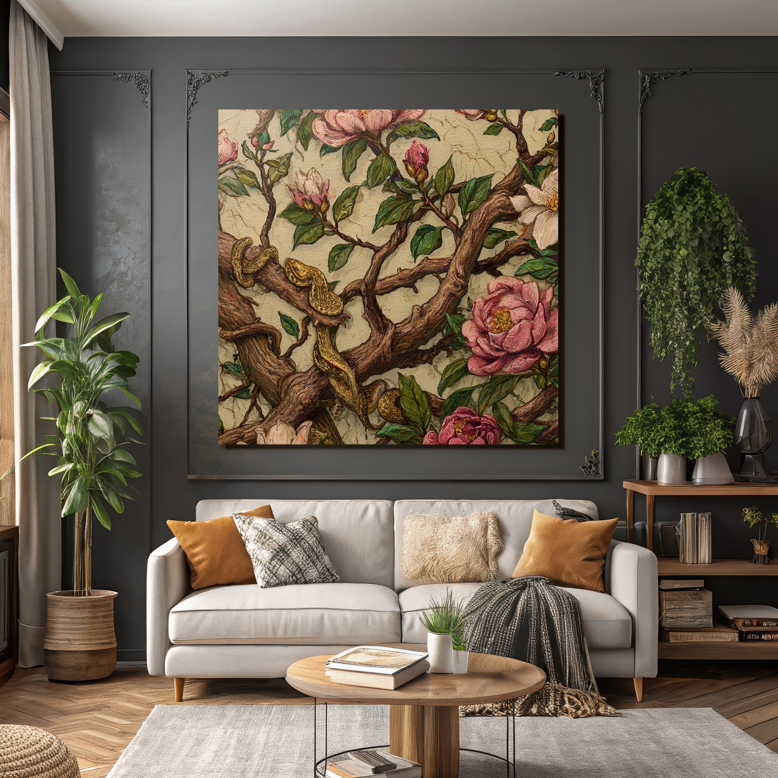 Verflochtene Zweige Mit Rosa Magnolien Und Schlange