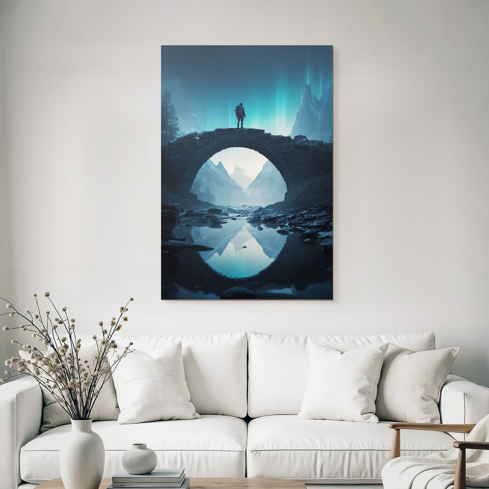 Polarlicht Landschaft Mit Brücke Und Northern Lights In Mödiger Atmosphäre | Fjorde und Gletscher | Landschaften