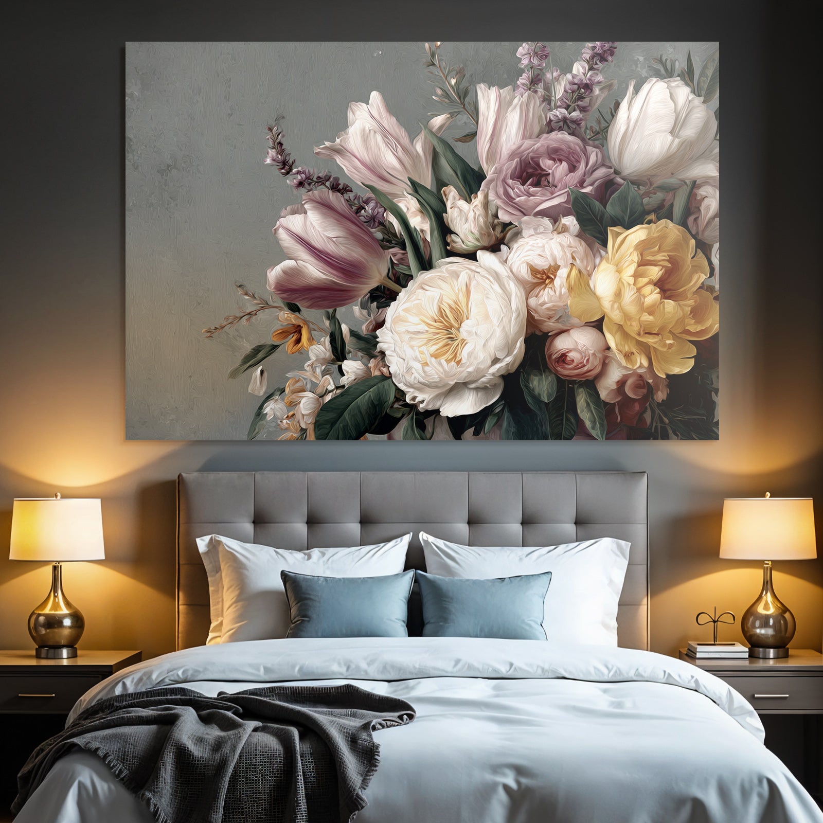 Strauss Mit Tulpen Pfingstrosen Und Grünen Blättern