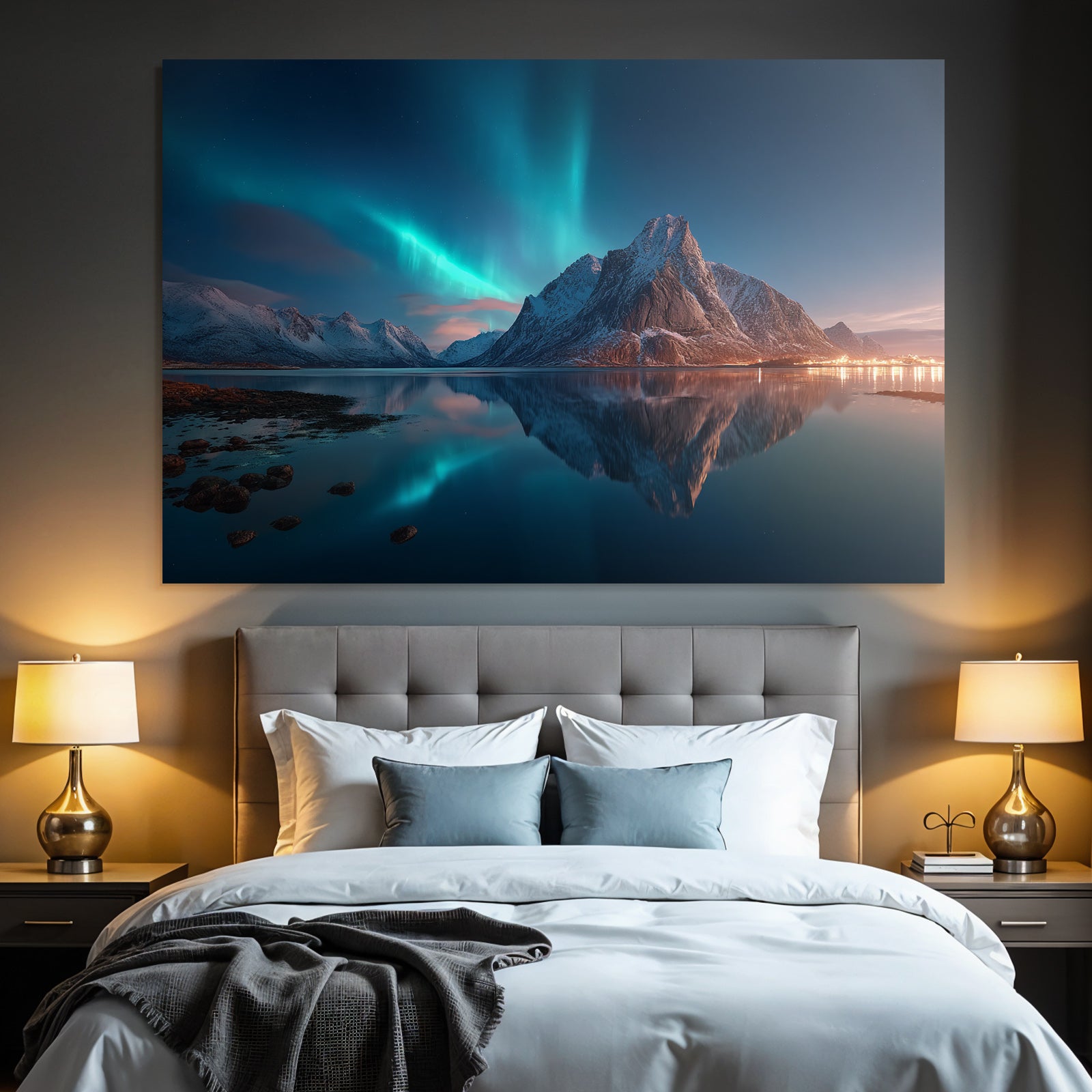 Polarlicht Dramatysches Natur Landschaft Mit Nordlichtern Reflektion In Wasser | Fjorde und Gletscher | Landschaften