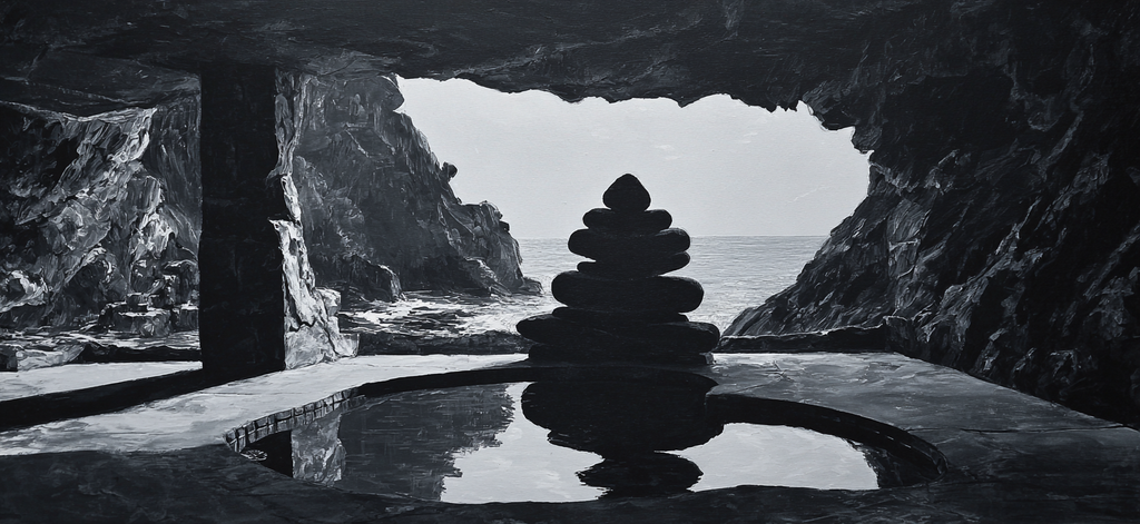 Yoga Meditation Monochromes Gebirgslandschaft Mit Kies Stapel Und Meeröffnung | Yoga und Meditation | Themen und Hobbys
